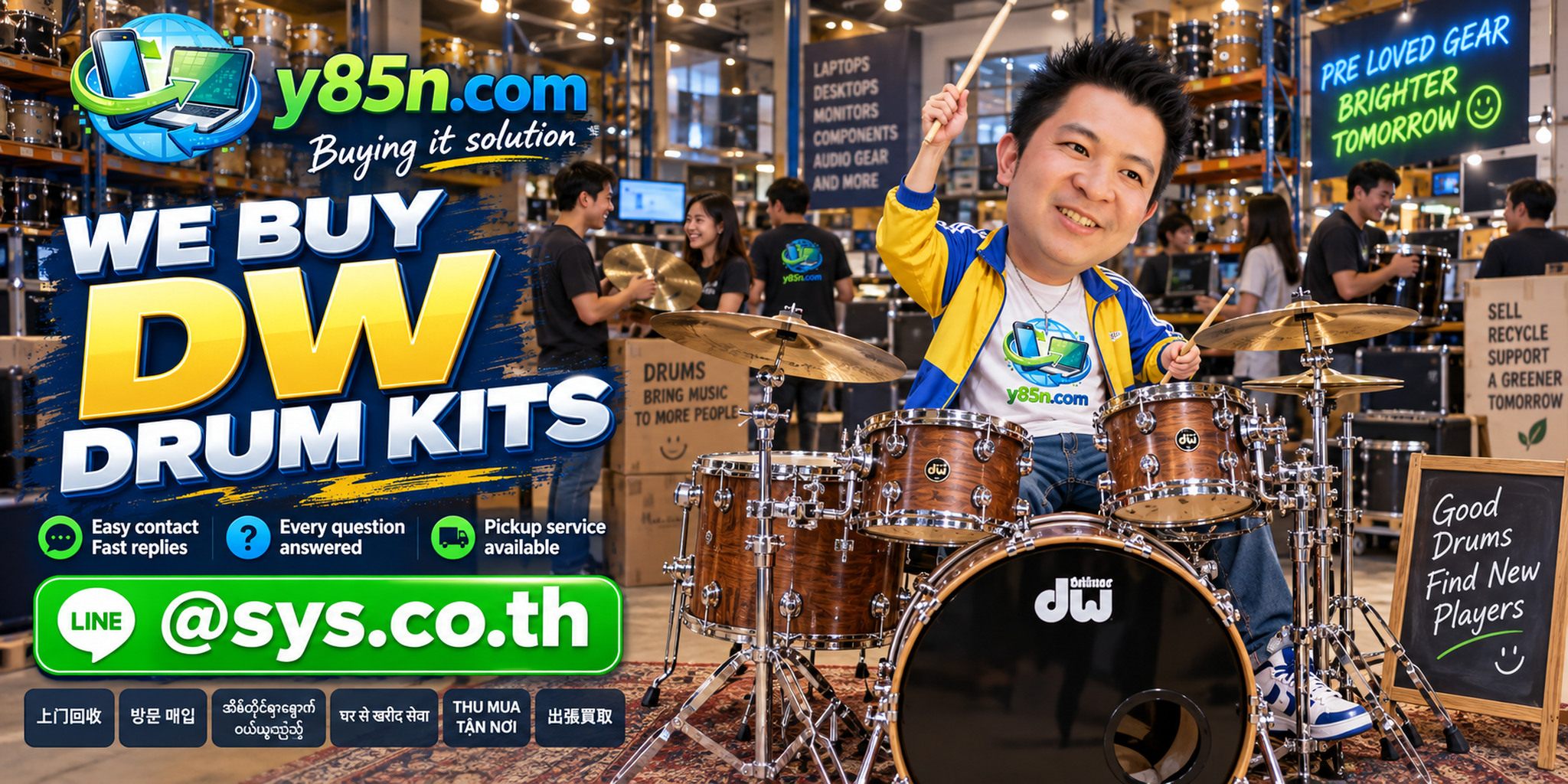Y85N.com DW drum buying service contact banner with LINE at sys.co.th