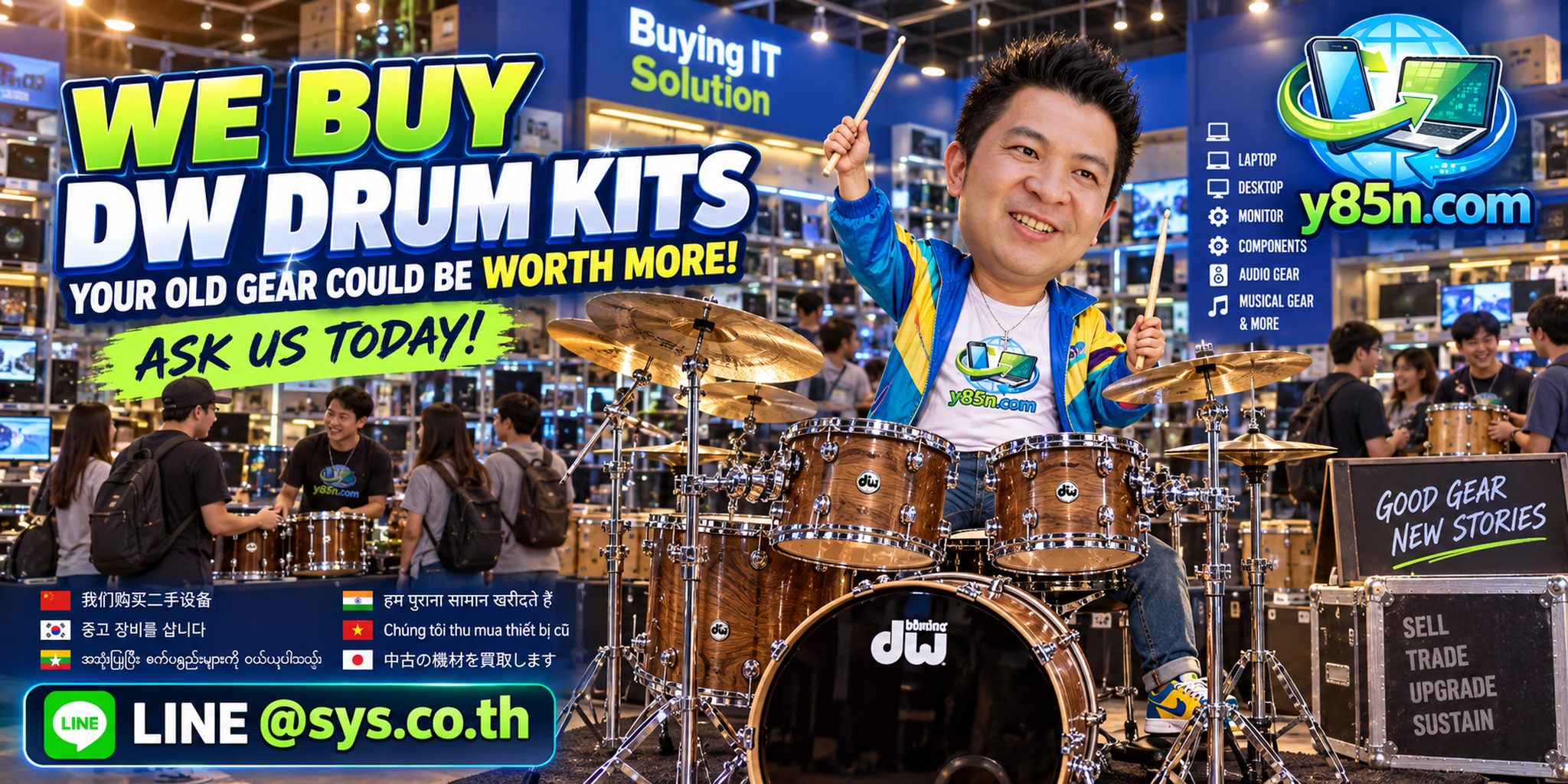 Busy Y85N.com warehouse buying professional DW drum kits in Thailand