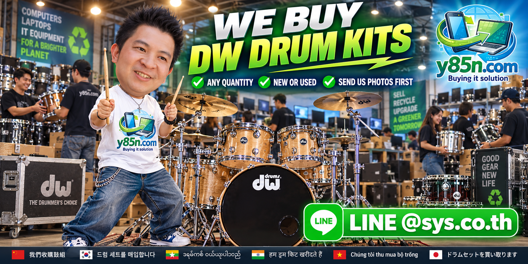 Y85N.com team evaluating DW drum kits in a busy music and IT warehouse