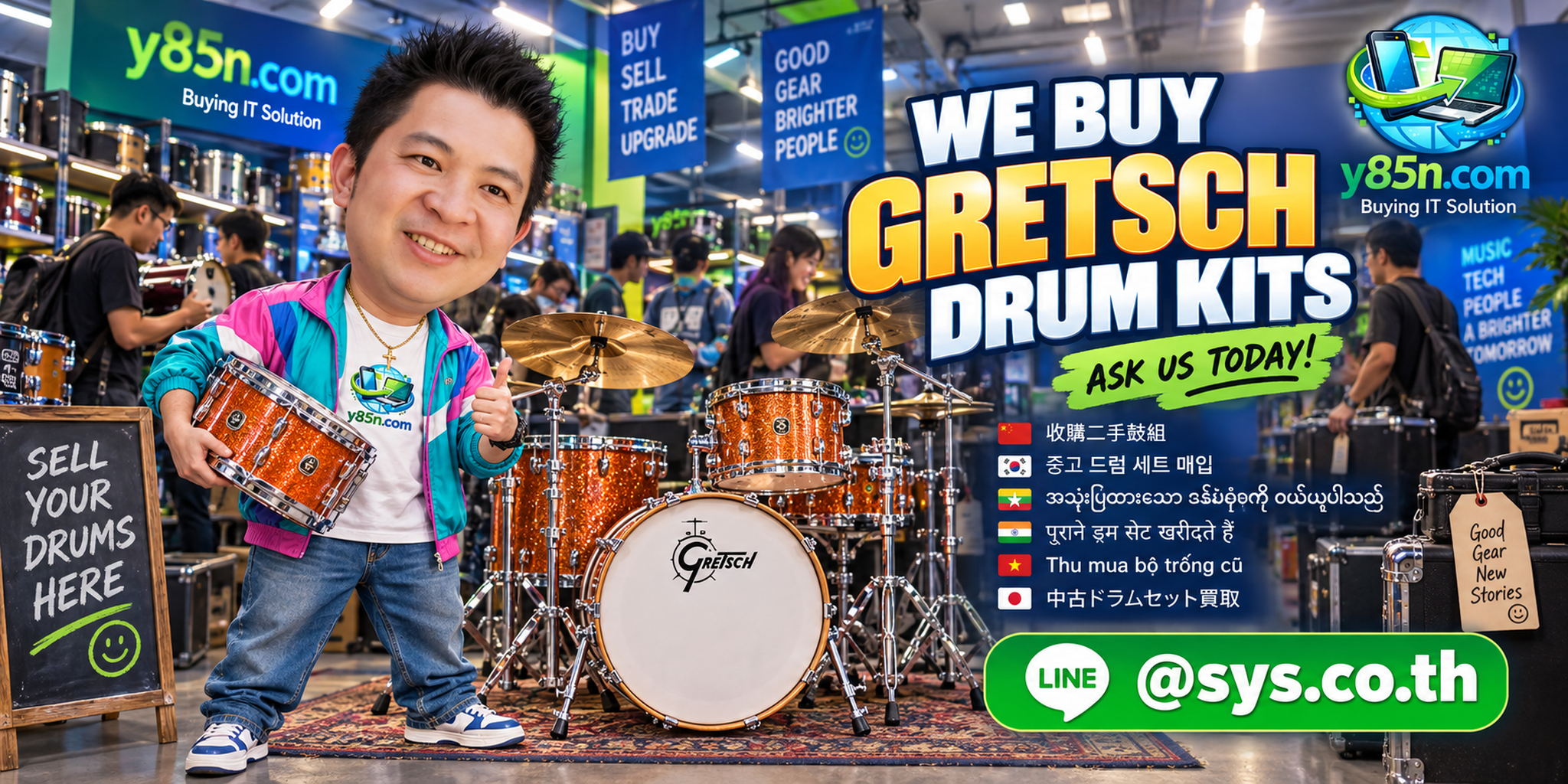 Busy Y85N.com music gear warehouse buying Gretsch drum kits in Thailand