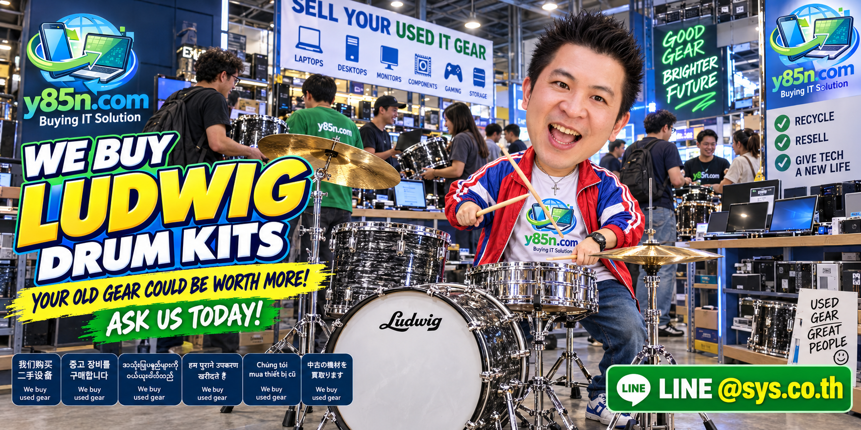 Busy Y85N.com warehouse buying used and vintage Ludwig drum kits in Thailand