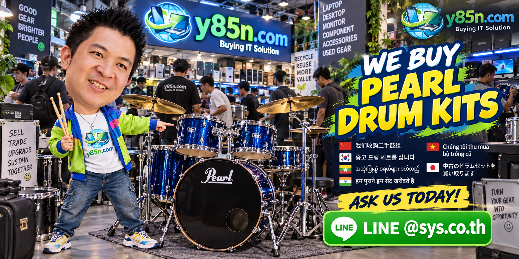 Busy Y85N.com warehouse buying Pearl drum kits in Thailand