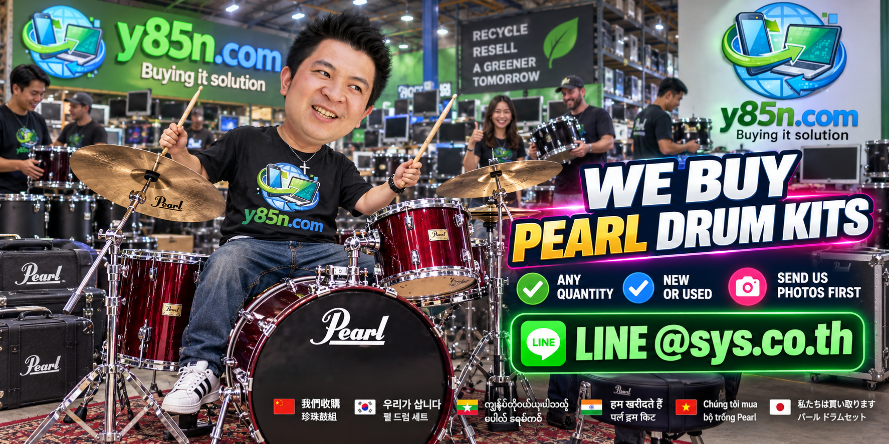 Y85N.com team reviewing and collecting Pearl drum kits and professional music gear in Thailand