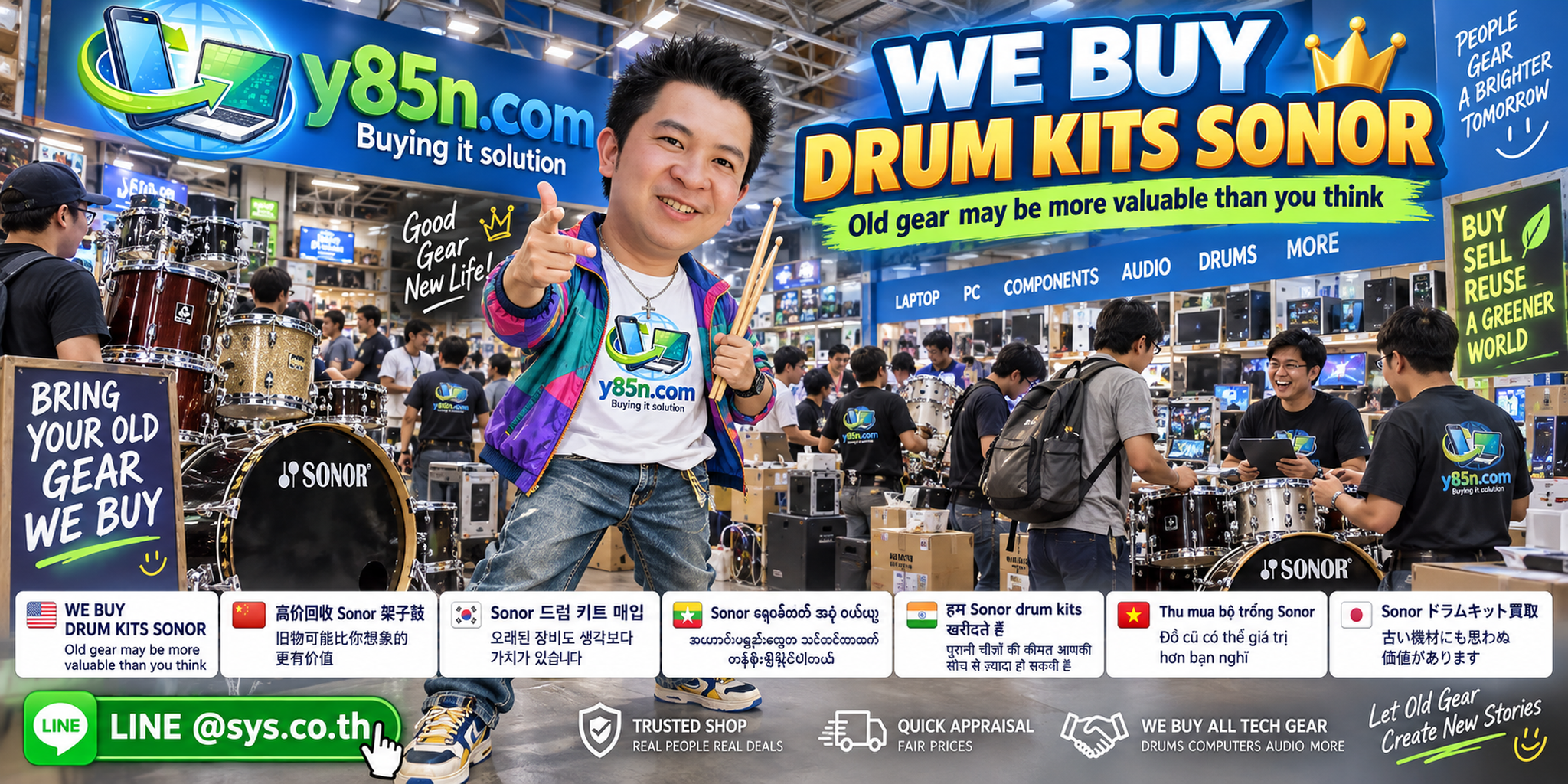 Busy Y85N.com music gear warehouse in Thailand buying Sonor drum kits