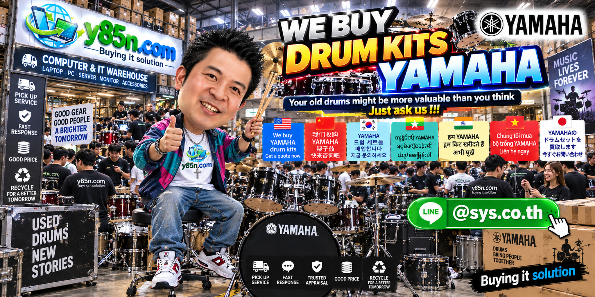 Busy Y85N.com music gear warehouse buying Yamaha drum kits in Thailand