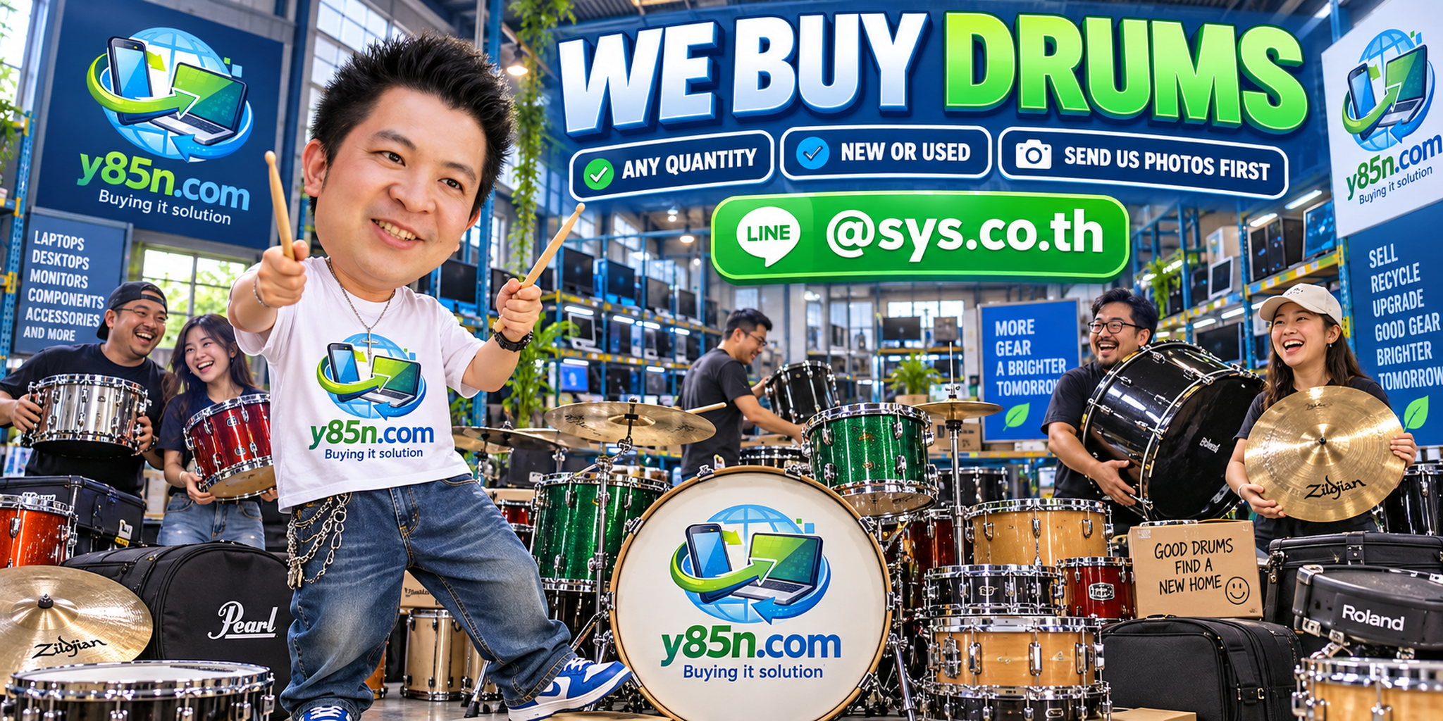 Y85N.com drum buying team in a busy warehouse with used drum equipment