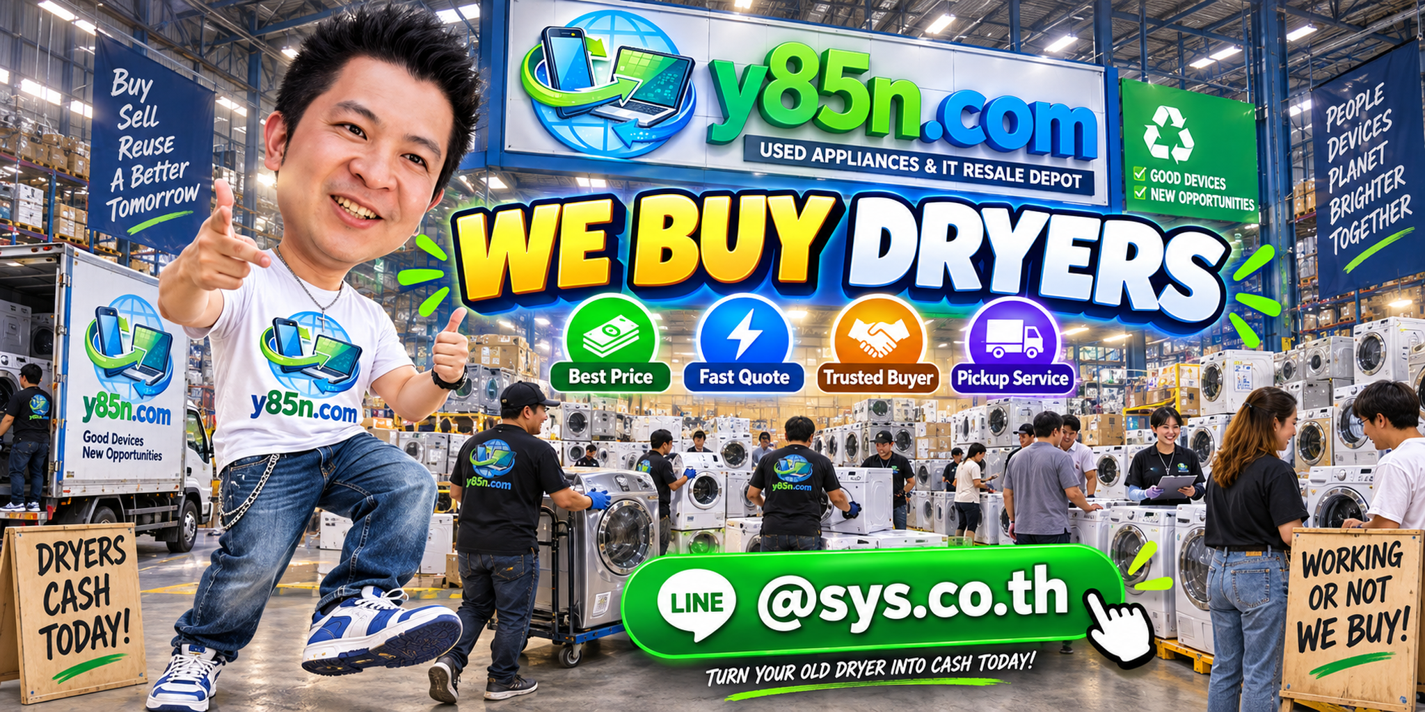 Y85N.com warehouse buying used clothes dryers with international seller messaging