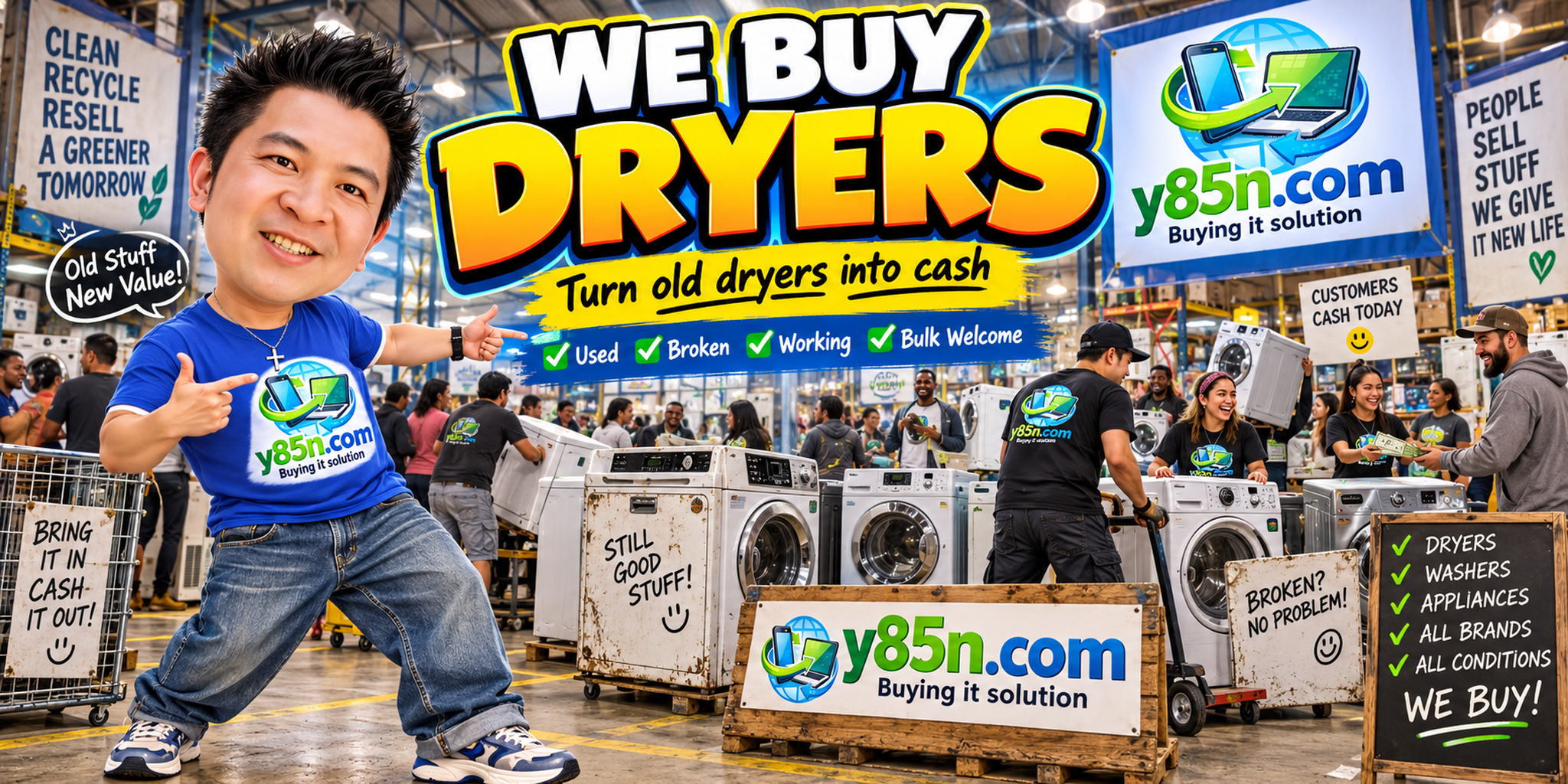 Busy Y85N.com warehouse showing a professional dryer buying service in Thailand