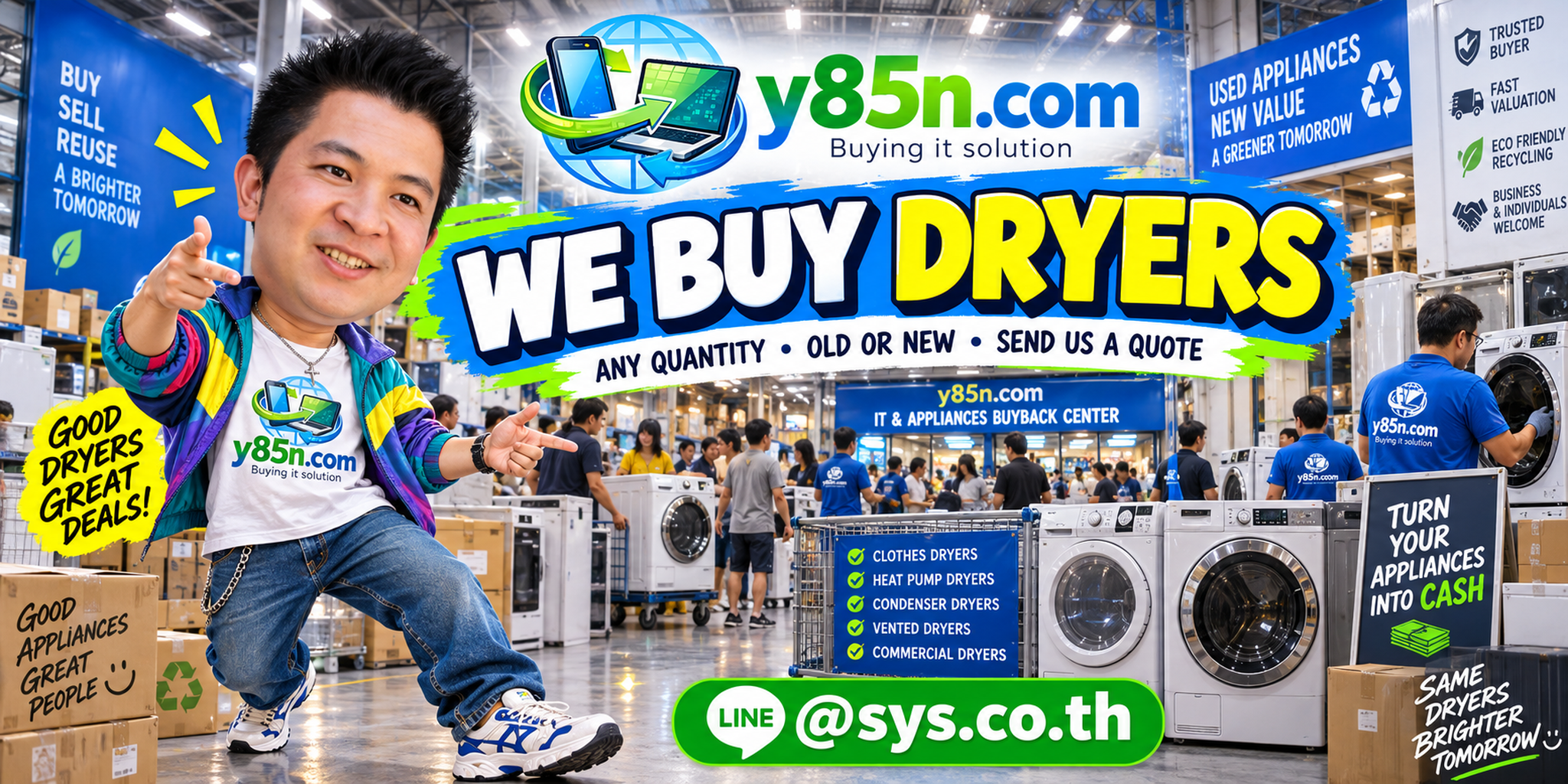 Y85N.com team and customers at a busy appliance buying warehouse with clothes dryers