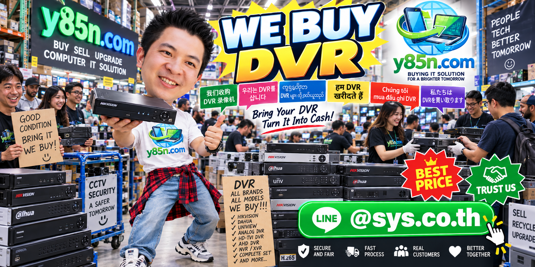 Y85N.com warehouse buying used DVR and bulk CCTV recorder equipment in Thailand