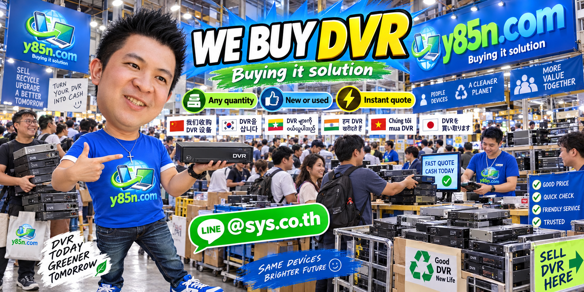 Y85N.com team handling DVR and CCTV recorder buying in a busy technology warehouse