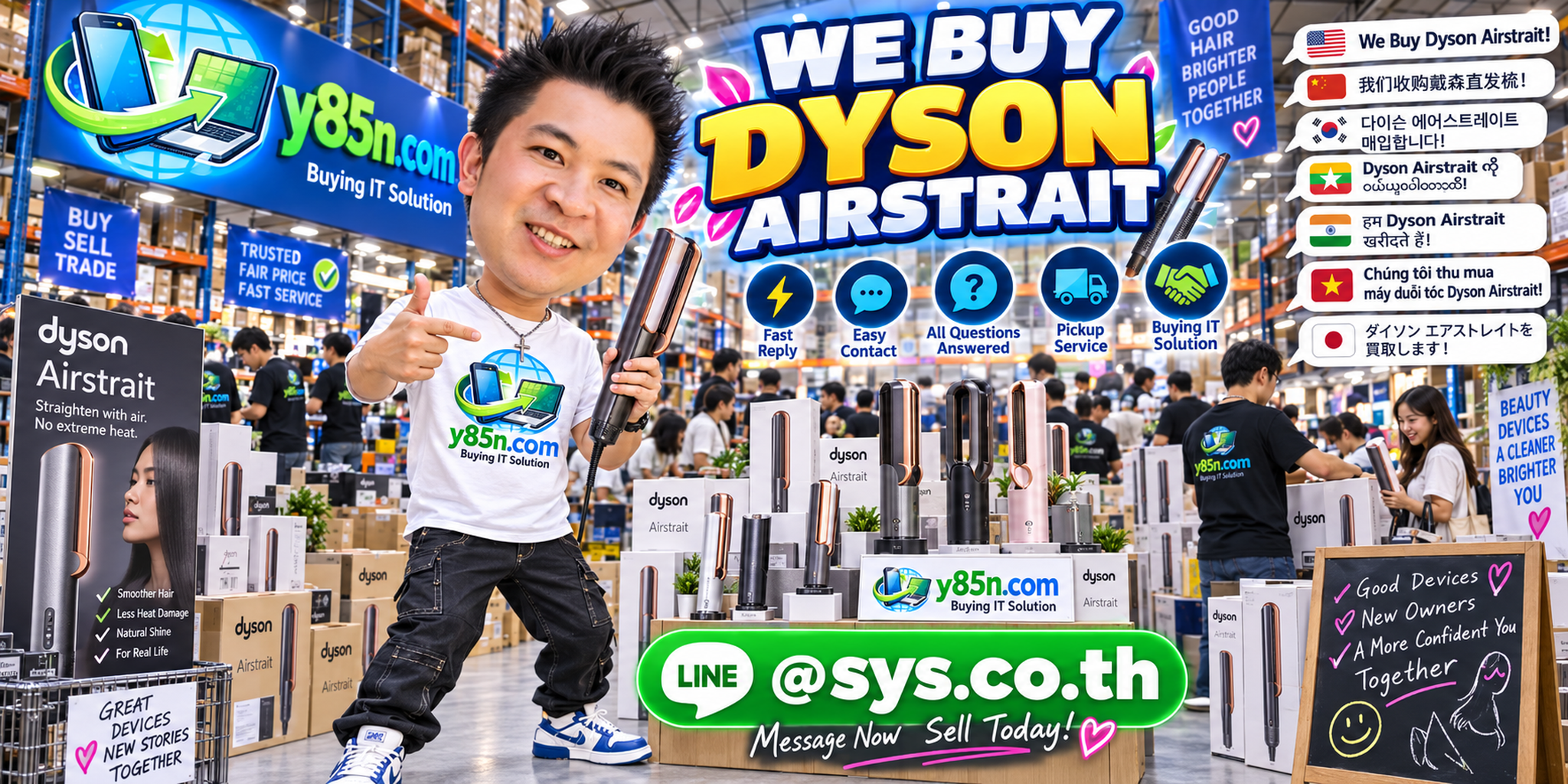 Y85N.com Dyson Airstrait buying contact banner with LINE at sys.co.th
