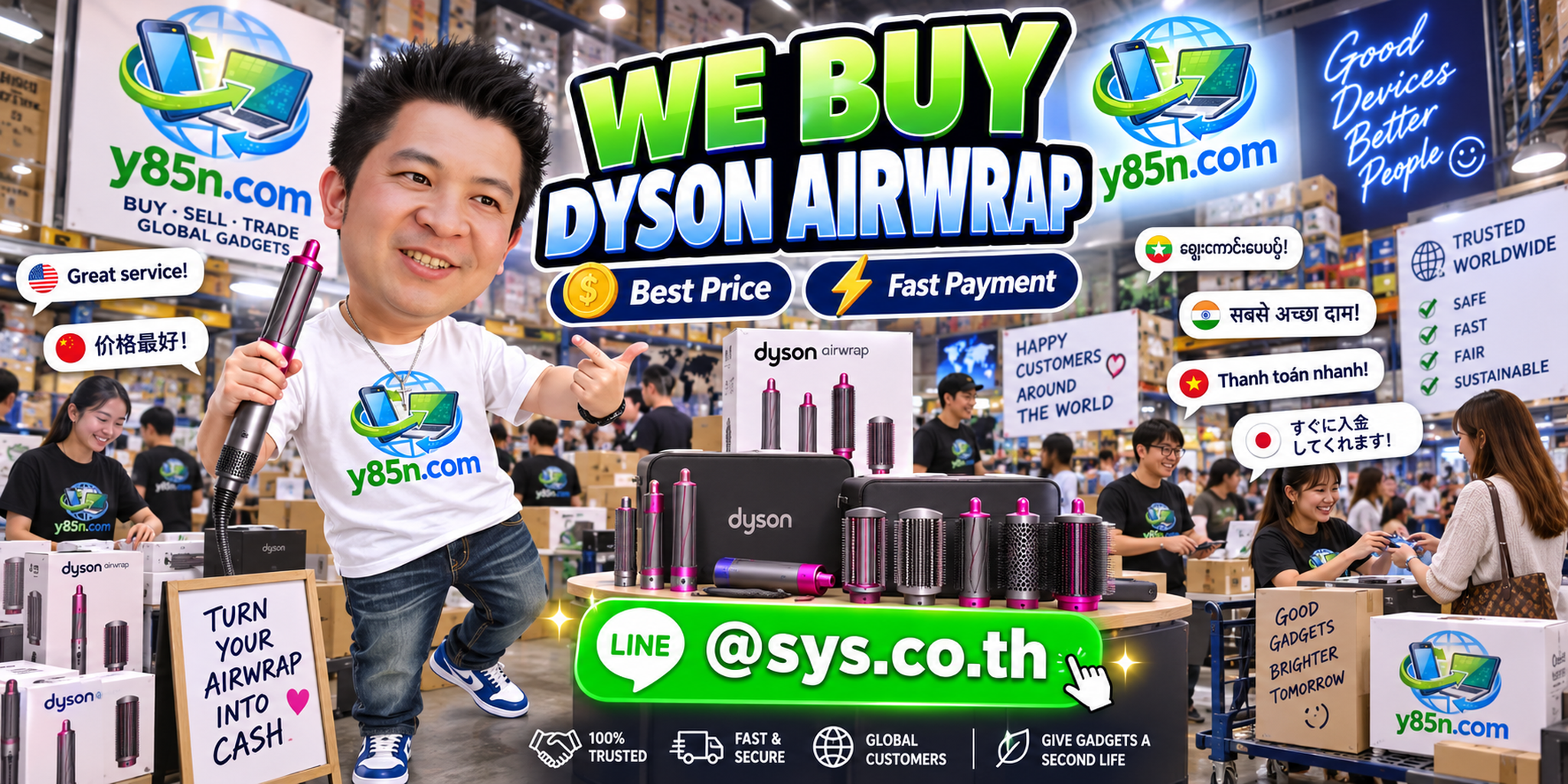 Y85N.com warehouse buying used Dyson Airwrap machines with international seller support across Thailand