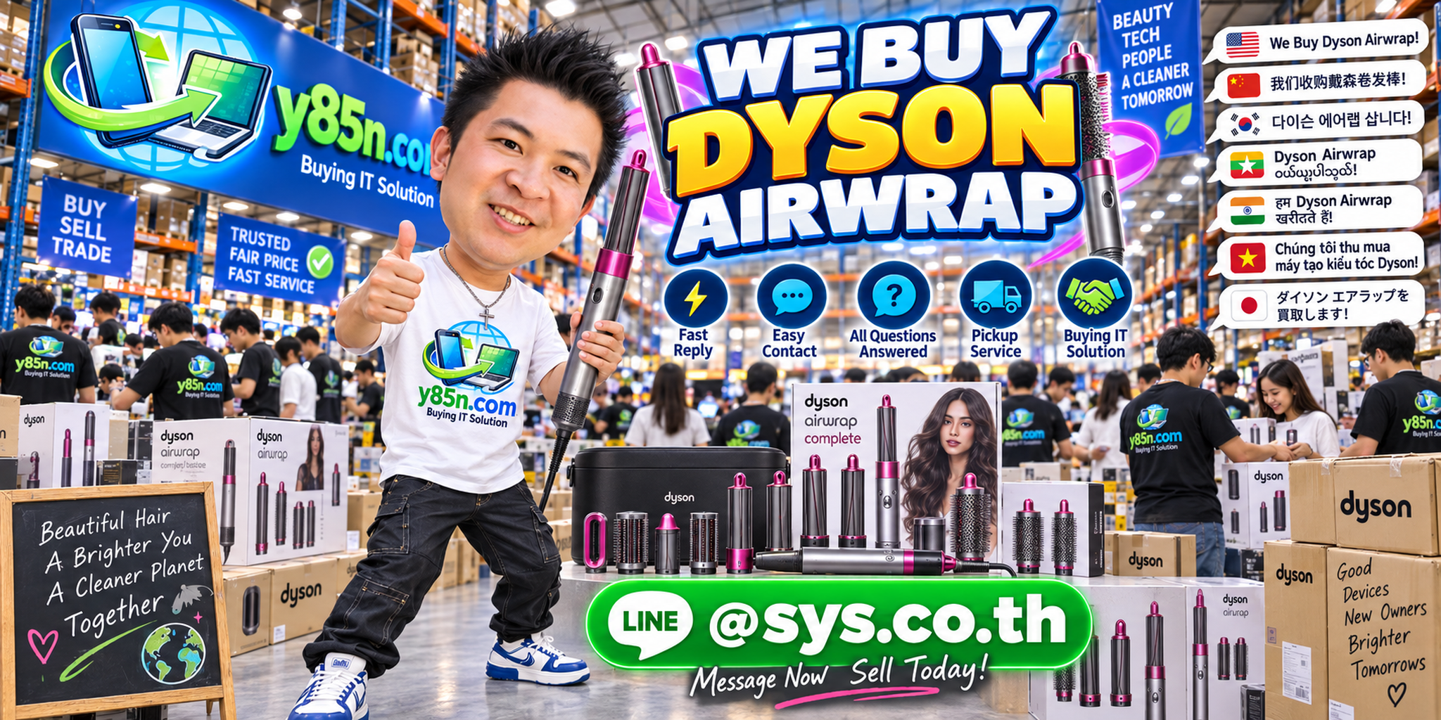 Y85N.com Dyson Airwrap buying contact banner with LINE at sys.co.th