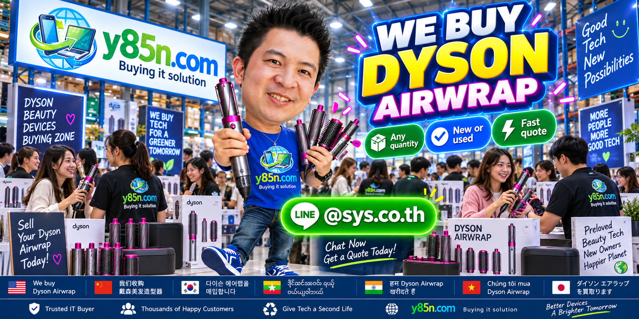 Y85N.com team handling Dyson Airwrap buying enquiries in a busy warehouse style service environment