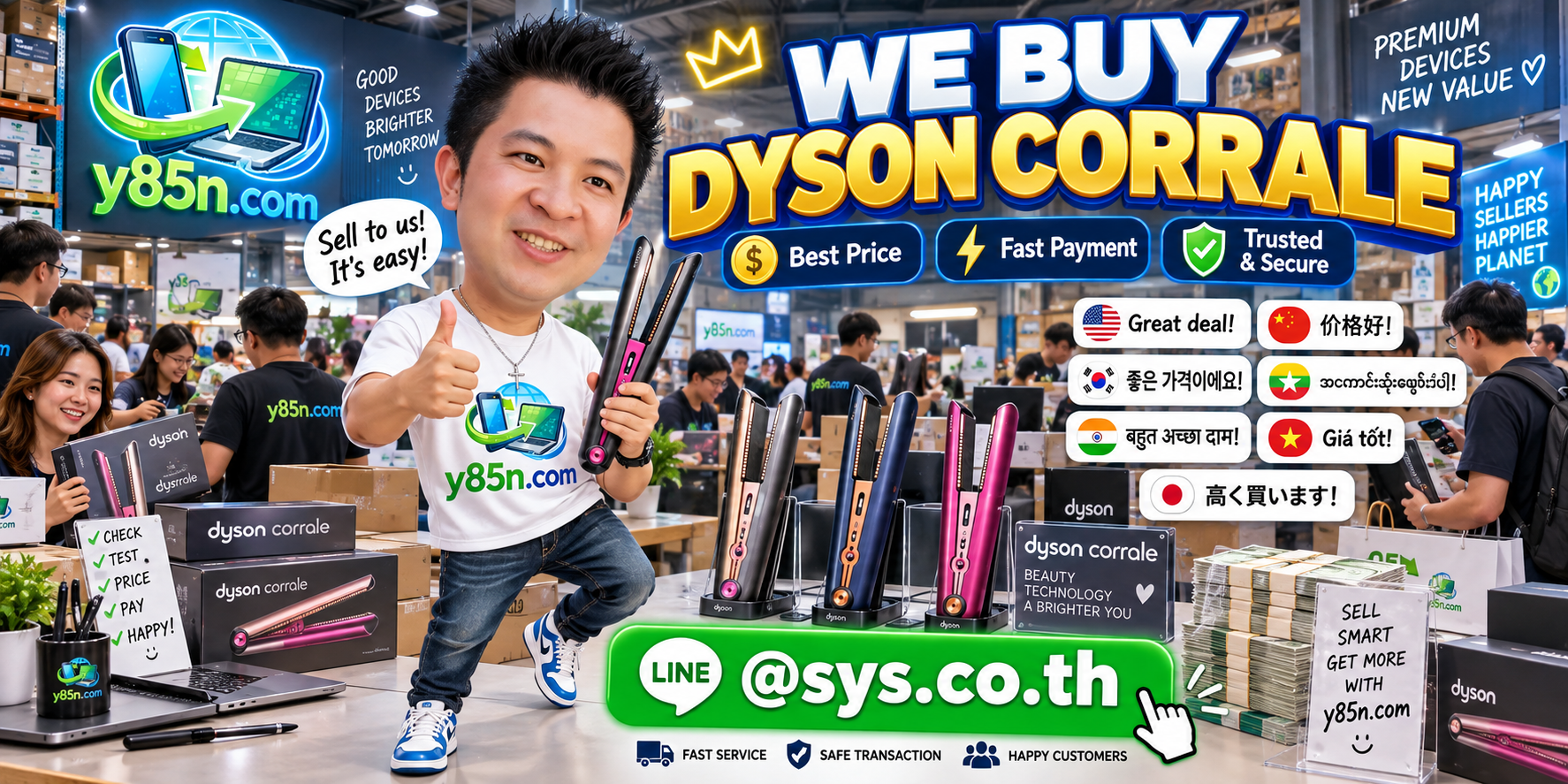 Y85N.com busy warehouse style buying service for Dyson Corrale with international seller messaging