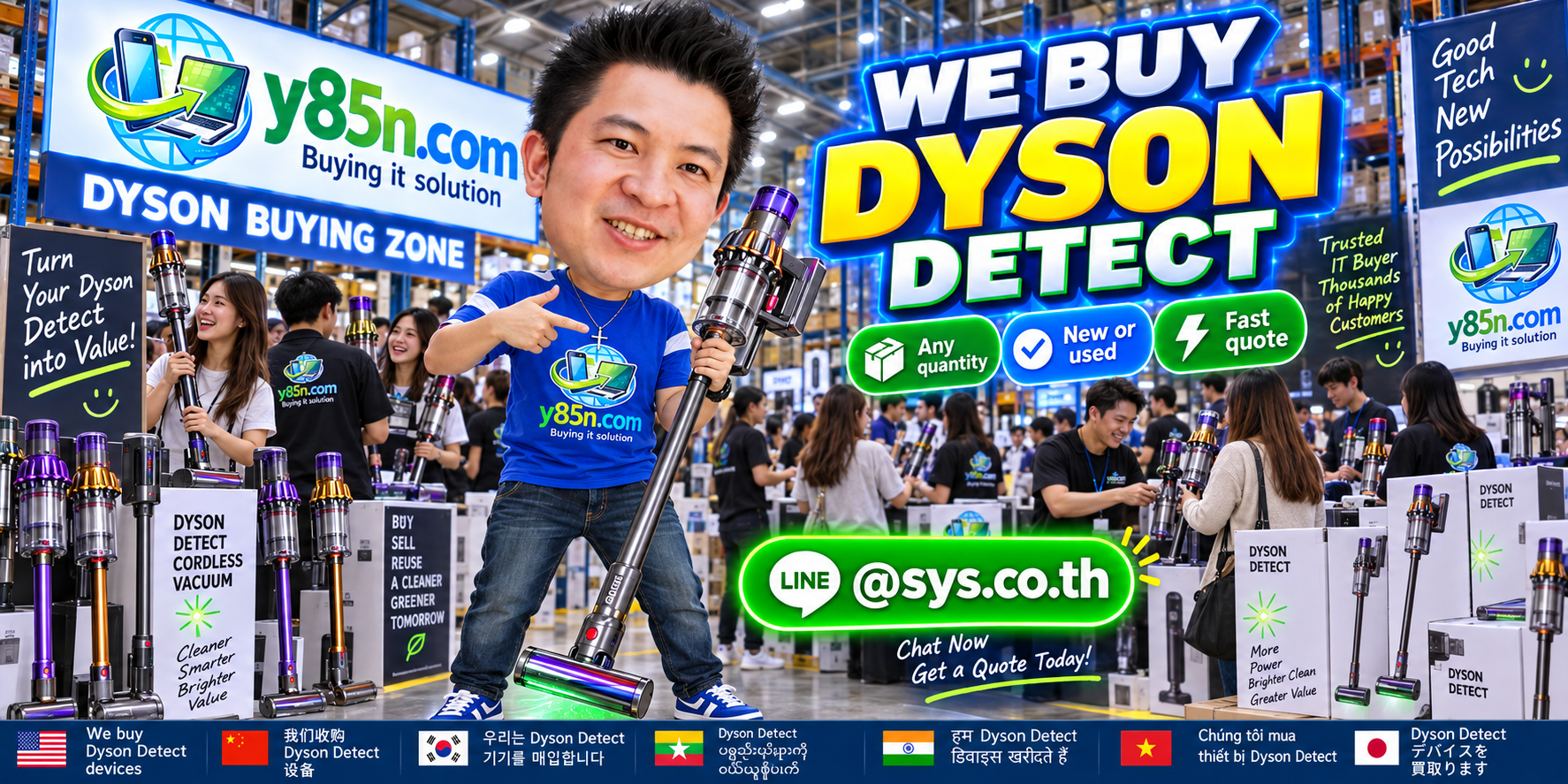 Y85N.com team and customers at a busy warehouse buying Dyson Detect cordless vacuums