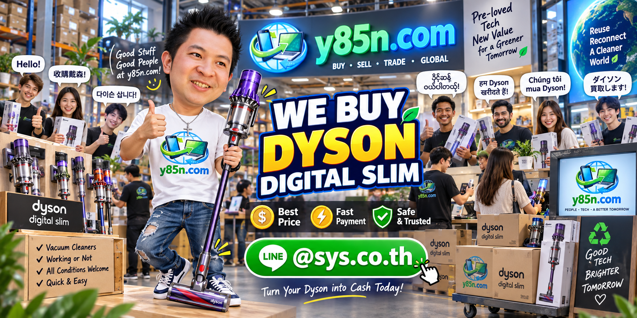 Y85N.com warehouse buying Dyson Digital Slim with international seller messaging