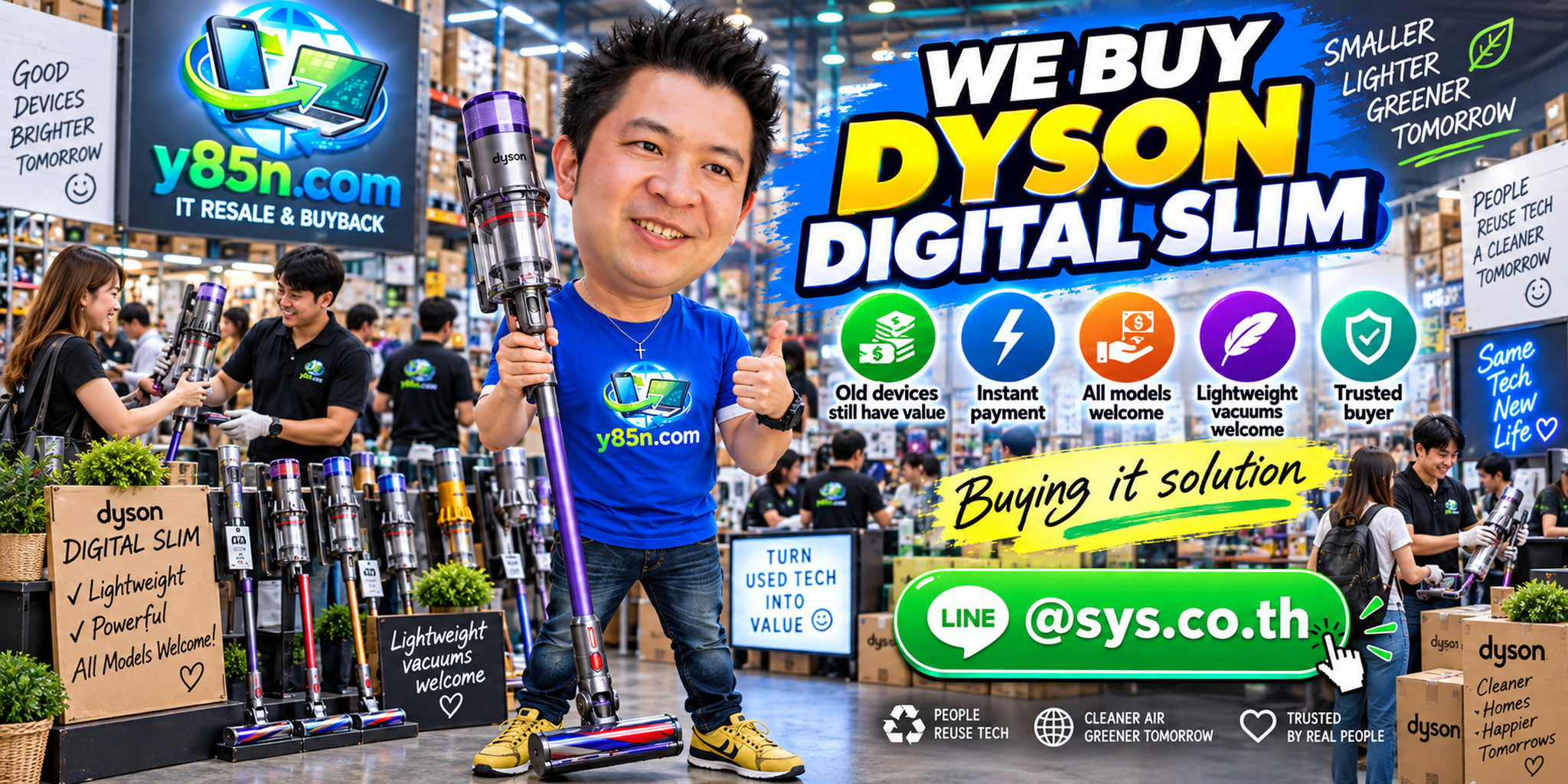 Busy Y85N.com warehouse presenting an independent We Buy Dyson Digital Slim service in Thailand