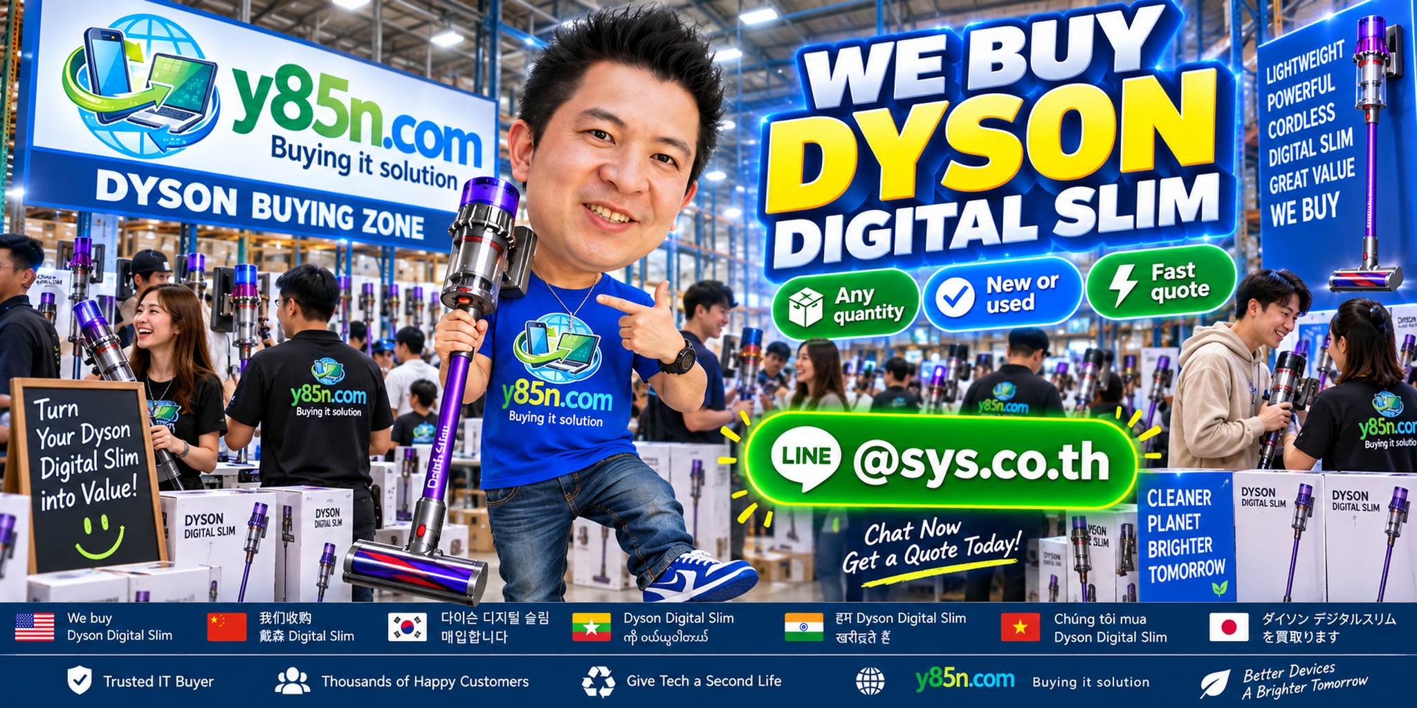 Y85N.com team and customers at a busy warehouse buying Dyson Digital Slim in Thailand