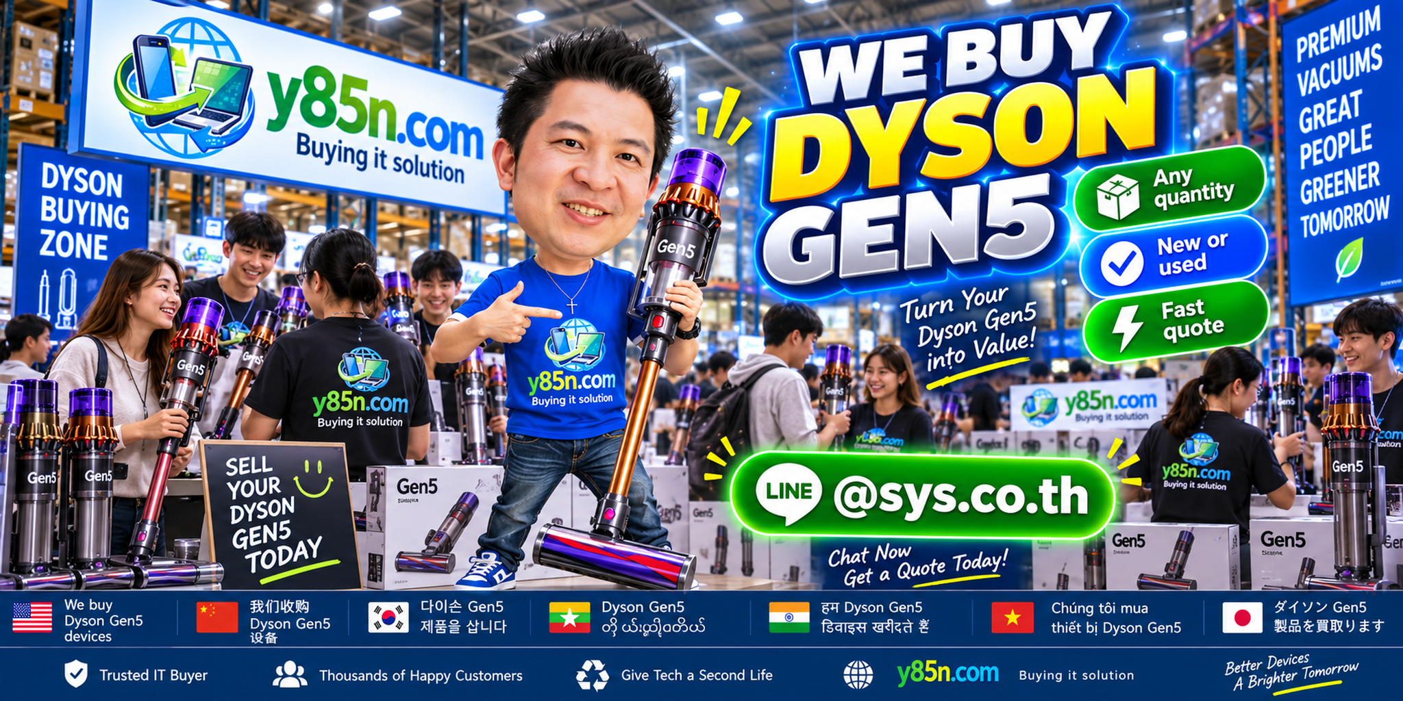 Busy Y85N.com warehouse showing Dyson Gen5 buying and customer service in Thailand