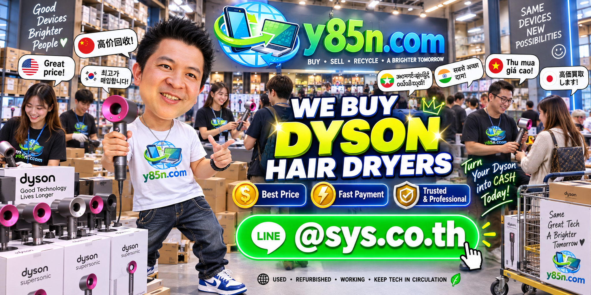 Y85N.com warehouse buying used Dyson hair dryers with international seller support across Thailand