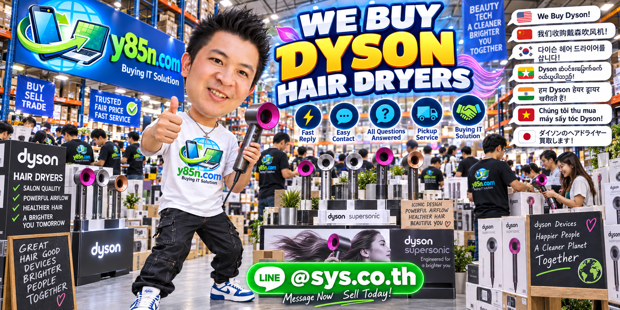 Y85N.com Dyson hair dryer buying service contact banner with LINE at sys.co.th