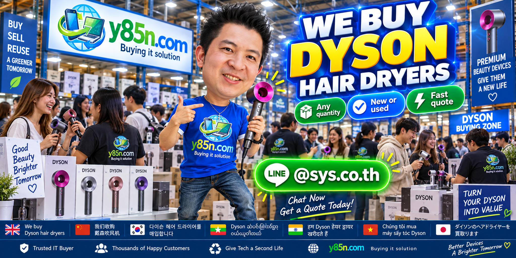 Y85N.com team and customers at a busy warehouse buying used Dyson hair dryers in Thailand