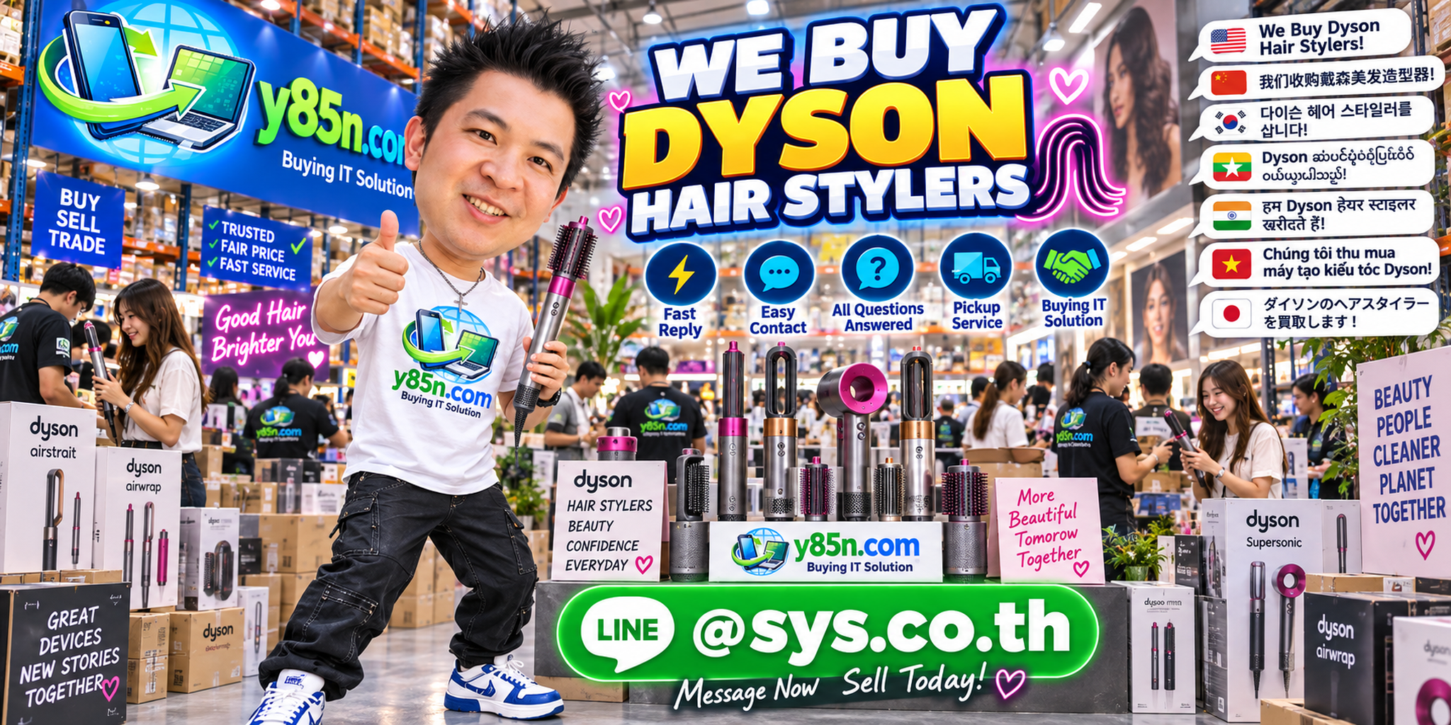 Y85N.com Dyson hair styler buying contact banner with LINE at sys.co.th