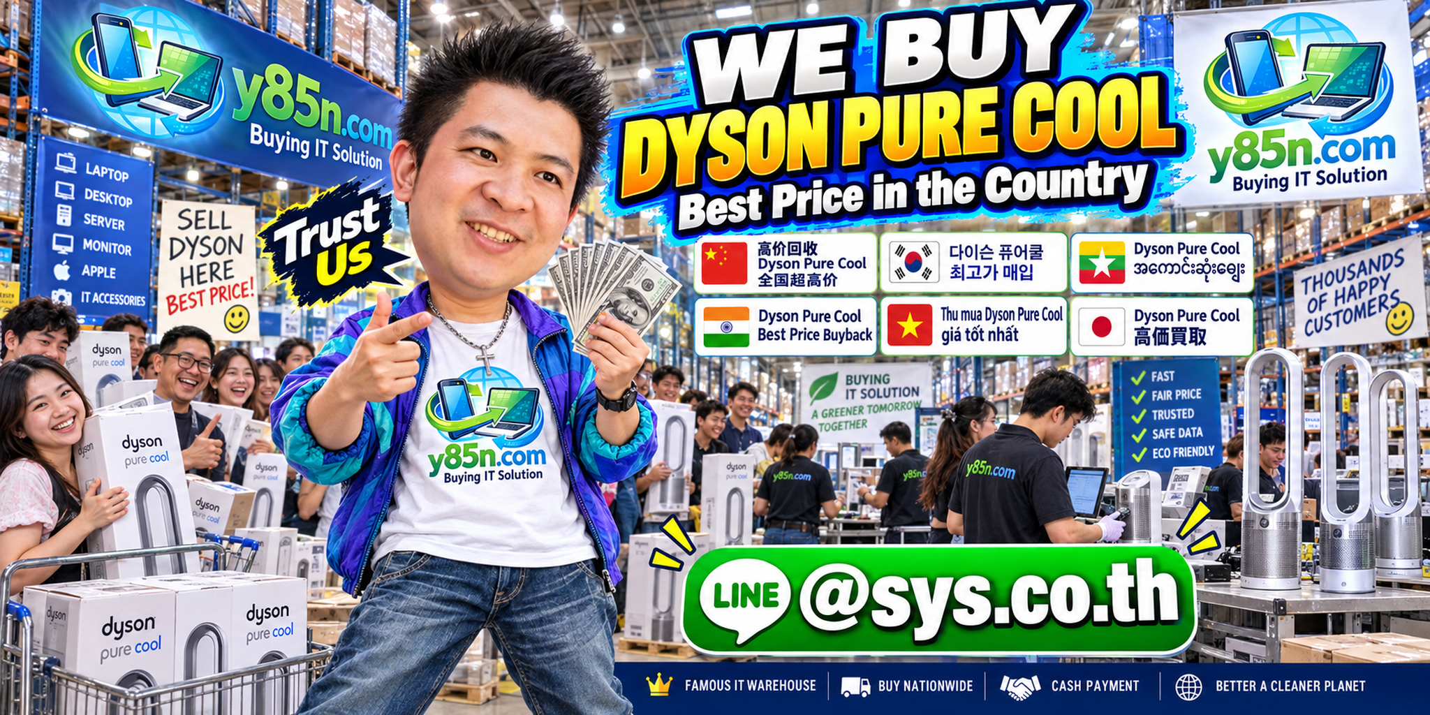 Y85N.com warehouse buying Dyson Pure Cool with international seller messaging