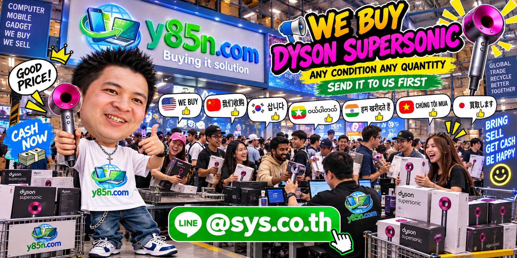 Y85N.com team and customers at a busy warehouse buying Dyson Supersonic in Thailand