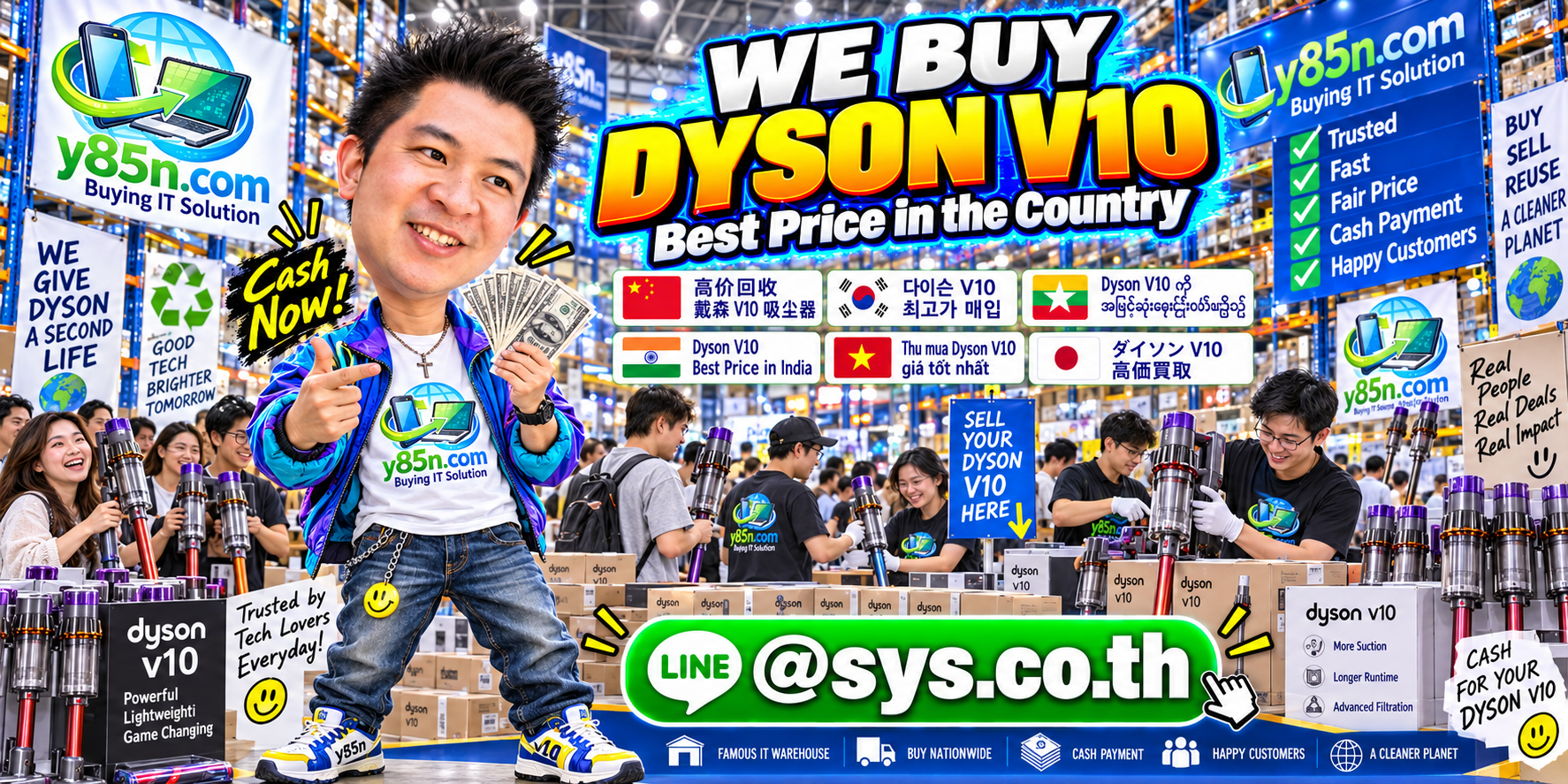 Y85N.com warehouse buying used Dyson V10 vacuums with international seller messaging