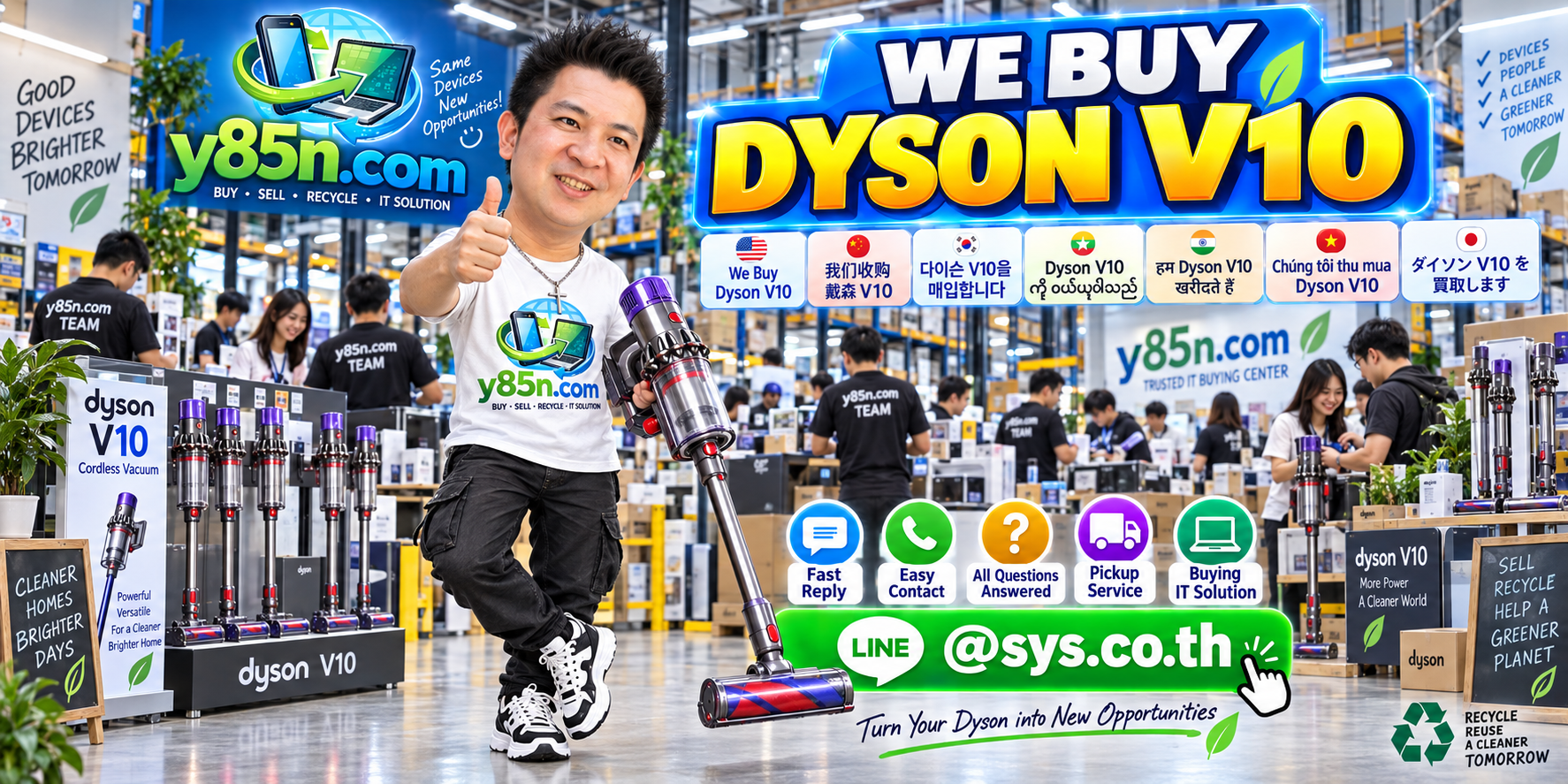 Y85N.com Dyson V10 buying service contact banner with LINE at sys.co.th