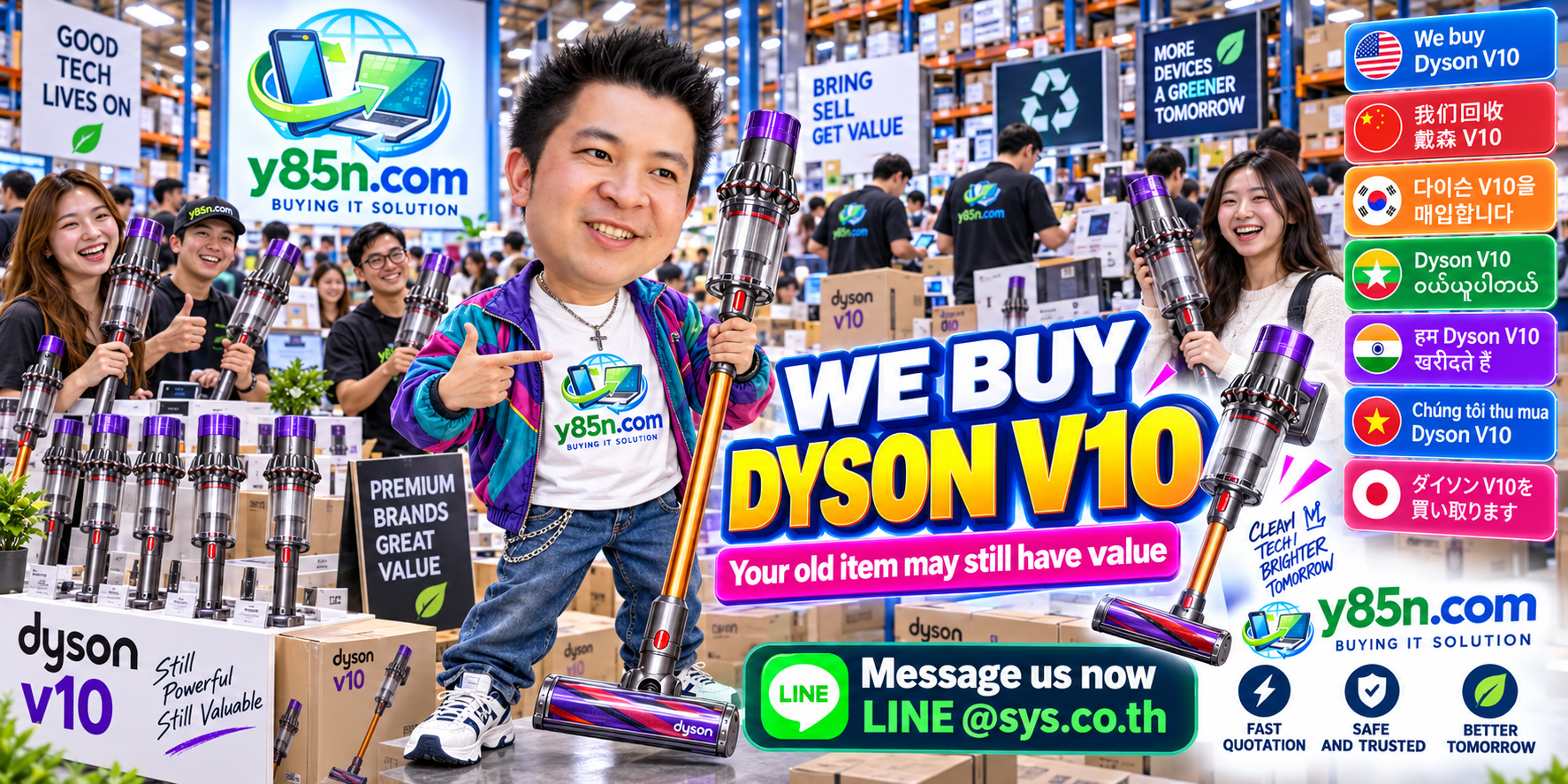 Busy Y85N.com warehouse showing a professional Dyson V10 buying service in Thailand