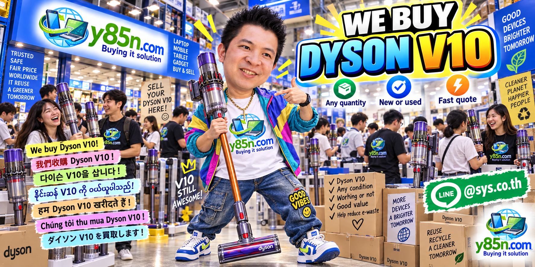 Y85N.com team and customers at a busy warehouse buying Dyson V10 vacuums