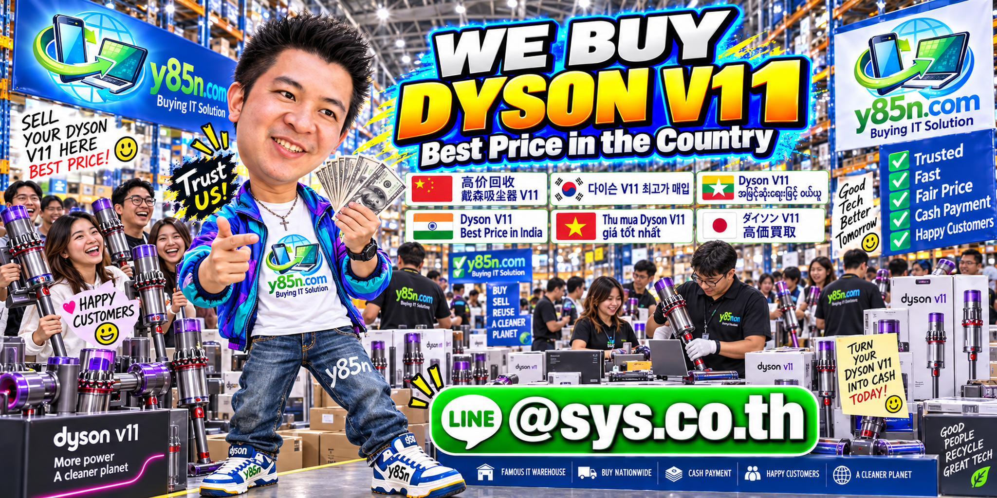 Y85N.com warehouse buying used Dyson V11 vacuums with international seller messaging