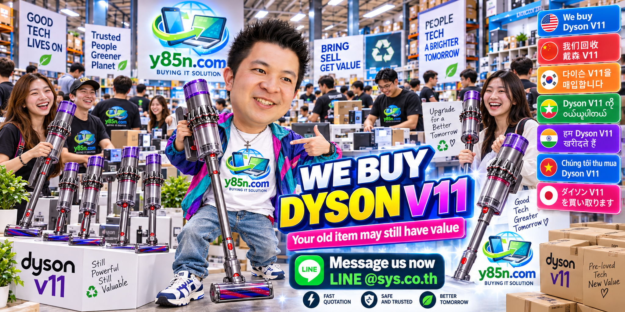 Busy Y85N.com warehouse promoting a professional Dyson V11 buying service in Thailand