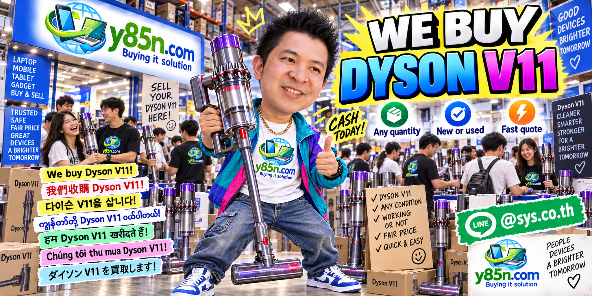 Y85N.com team and customers at a busy warehouse buying Dyson V11 vacuums