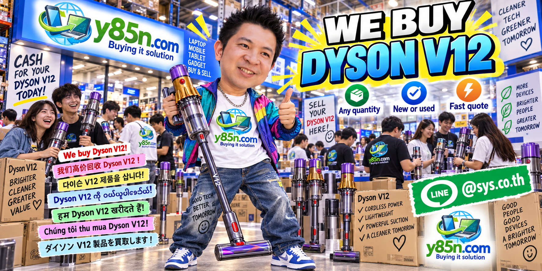Y85N.com team and customers at a busy warehouse buying Dyson V12 vacuums