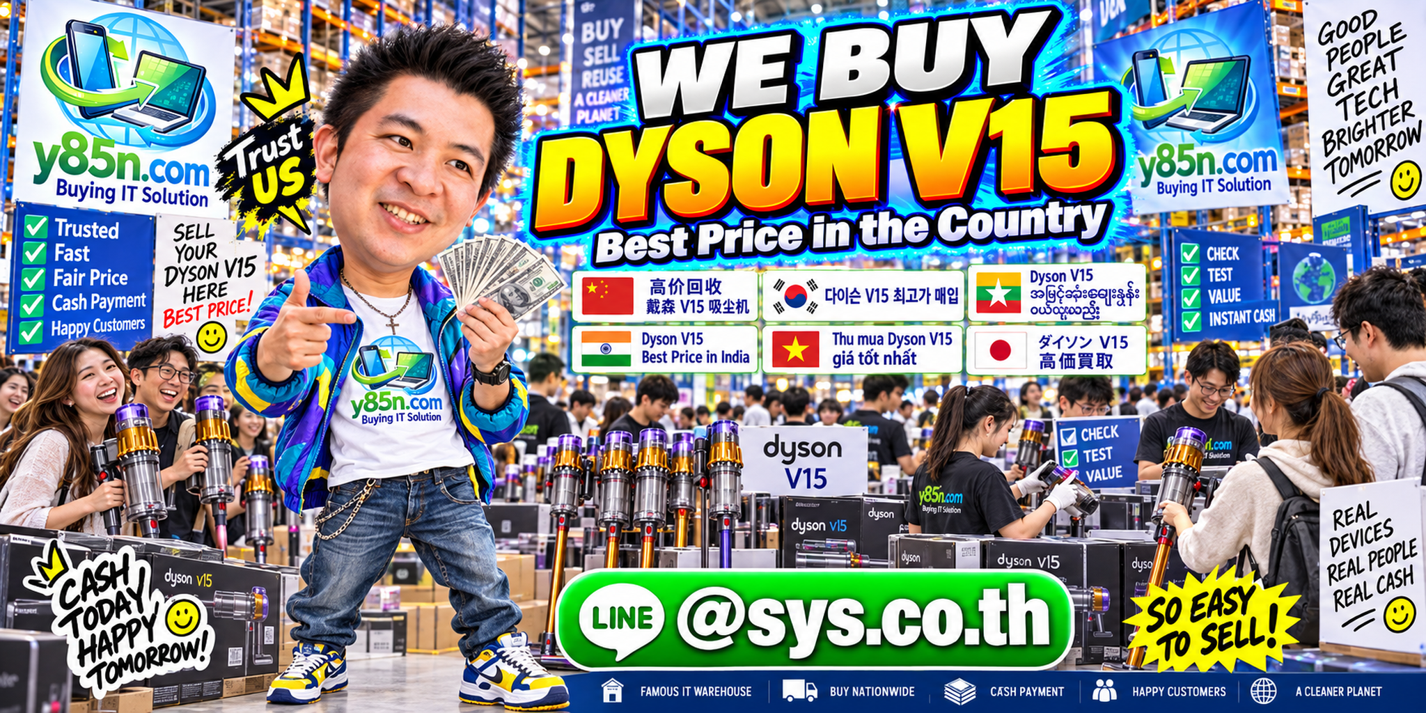 Y85N.com warehouse buying used Dyson V15 vacuum cleaners with international seller support