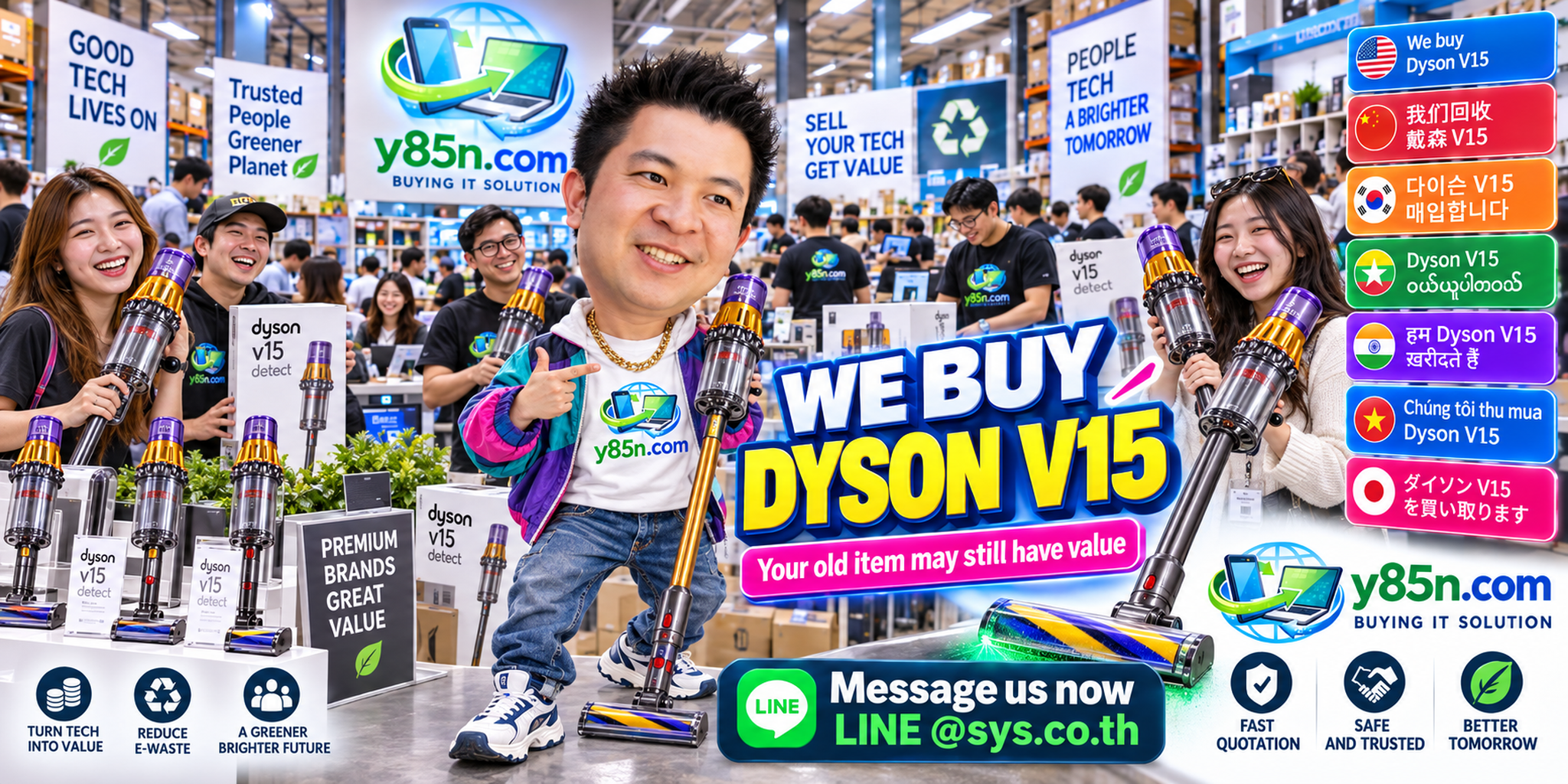 Busy Y85N.com warehouse promoting a professional Dyson V15 buying service in Thailand