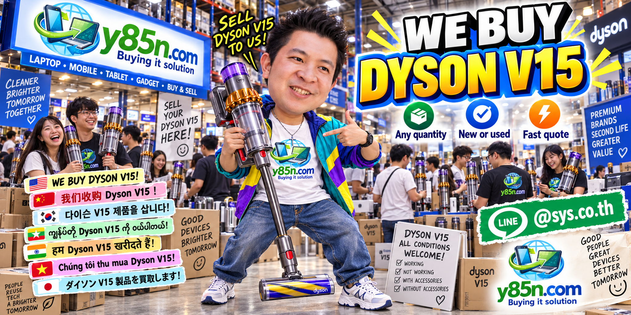 Y85N.com team and customers at a busy warehouse for Dyson V15 buying enquiries