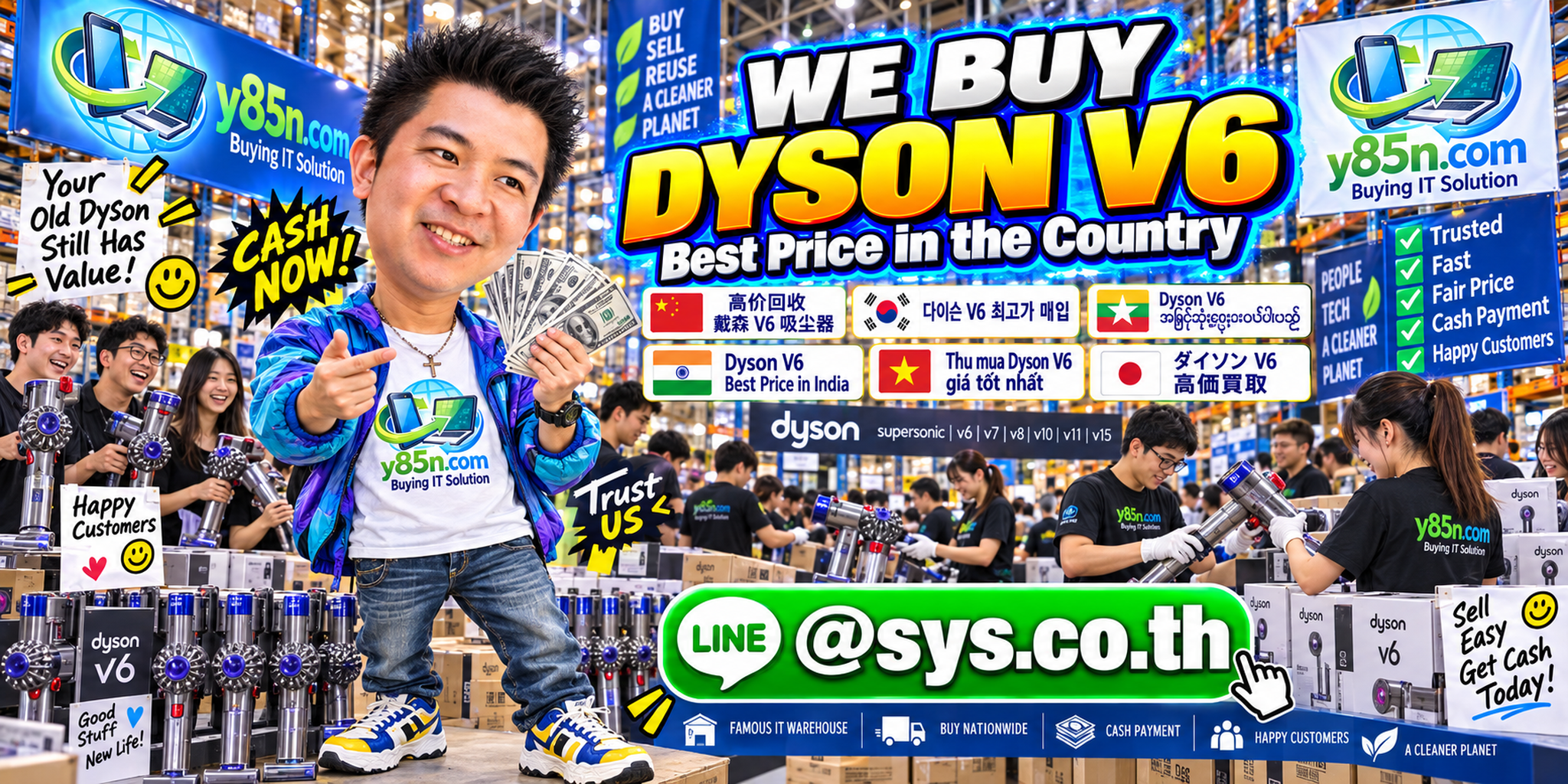 Y85N.com warehouse buying used Dyson V6 vacuums with international seller support