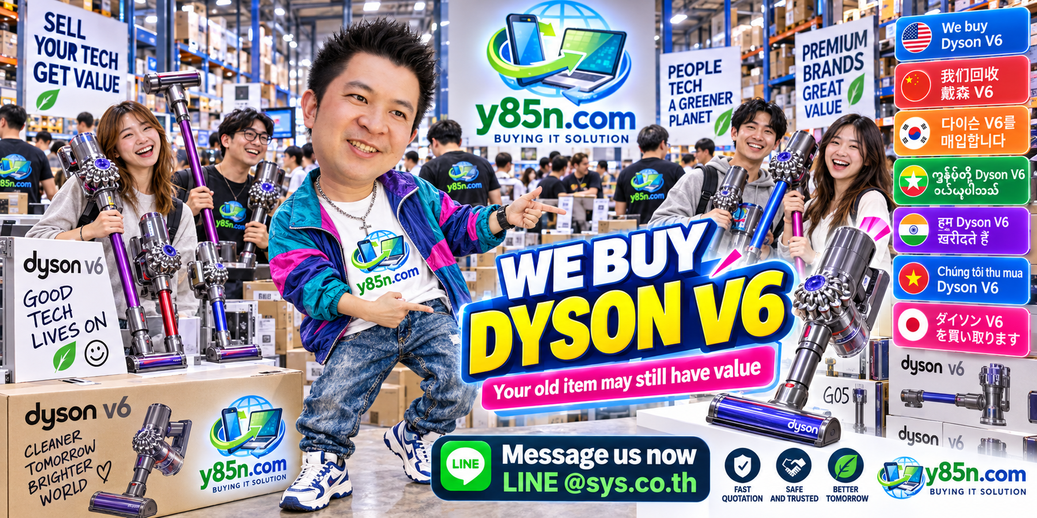 Busy Y85N.com warehouse buying used Dyson V6 vacuum cleaners in Thailand