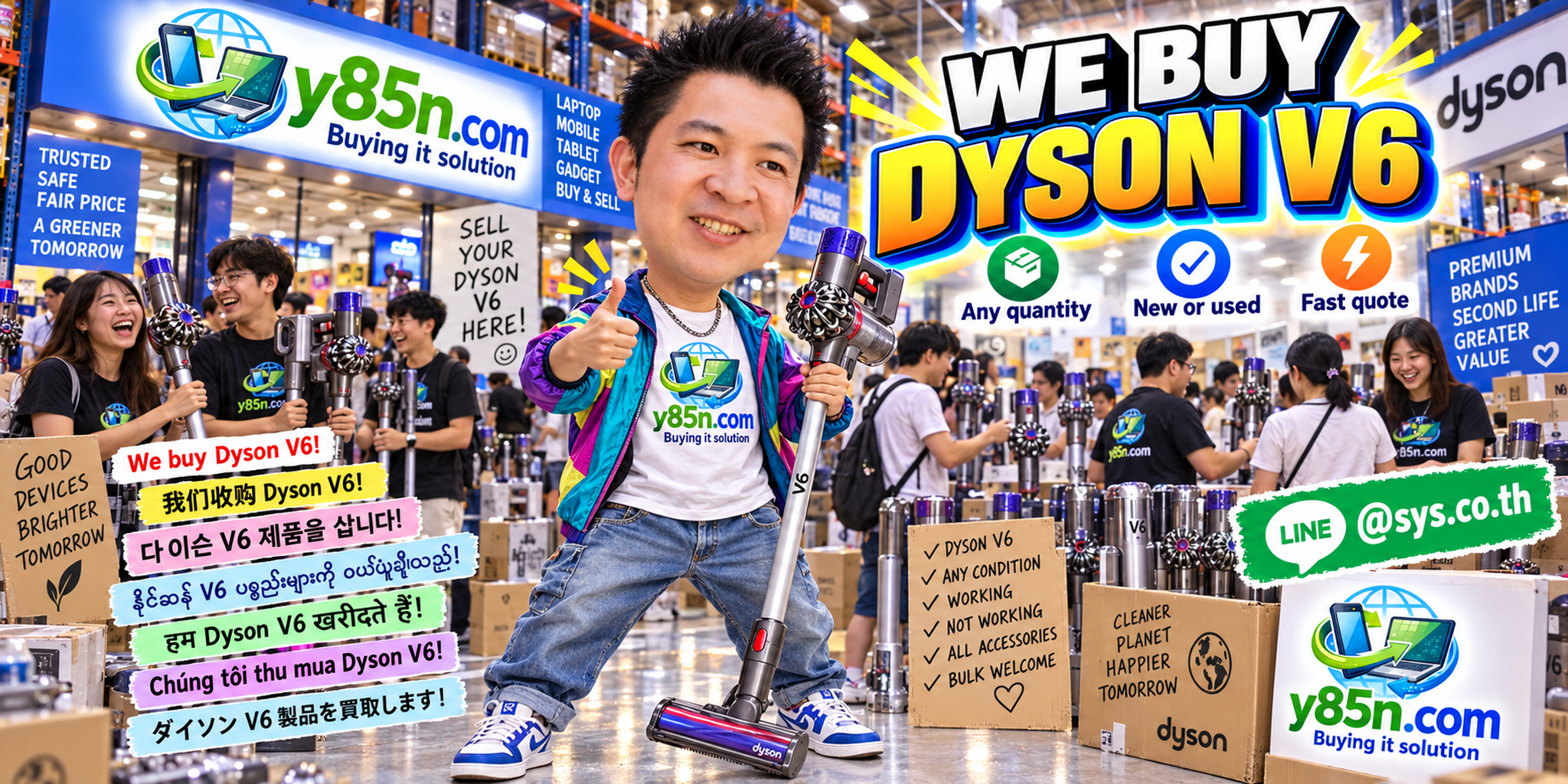 Y85N.com team and customers at a busy Dyson V6 buying warehouse in Thailand