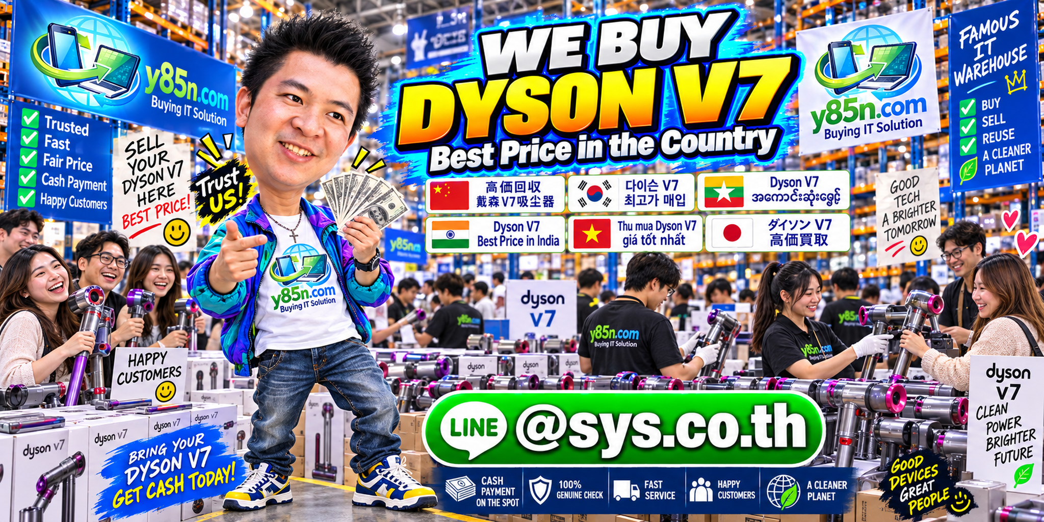 Y85N.com warehouse buying used Dyson V7 vacuums with international seller support across Thailand