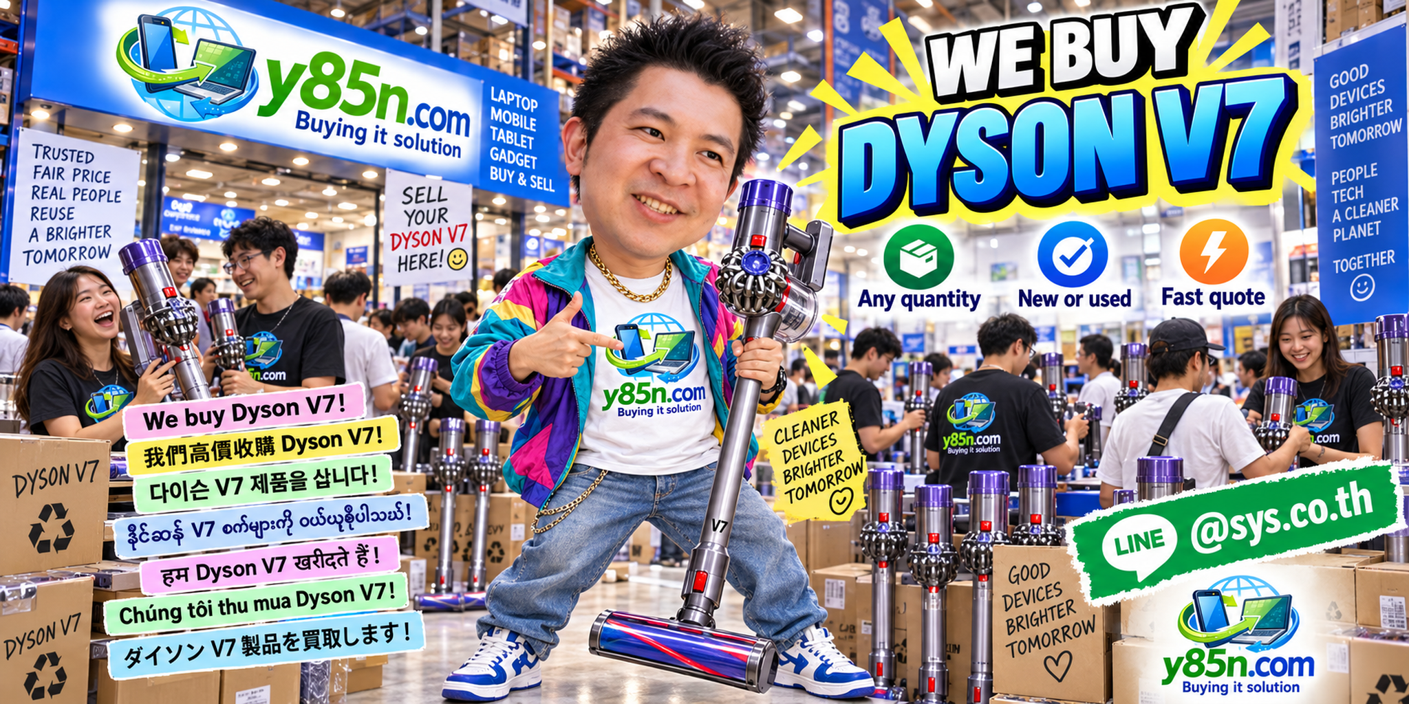 Y85N.com team and customers at a busy warehouse buying used Dyson V7 vacuums in Thailand