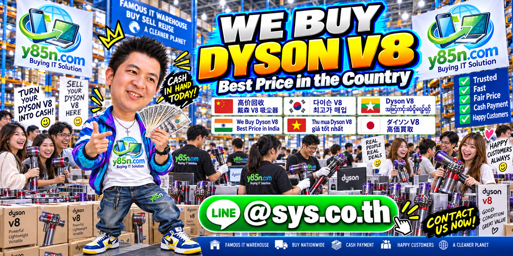 Y85N.com warehouse buying used Dyson V8 vacuums with international seller messaging