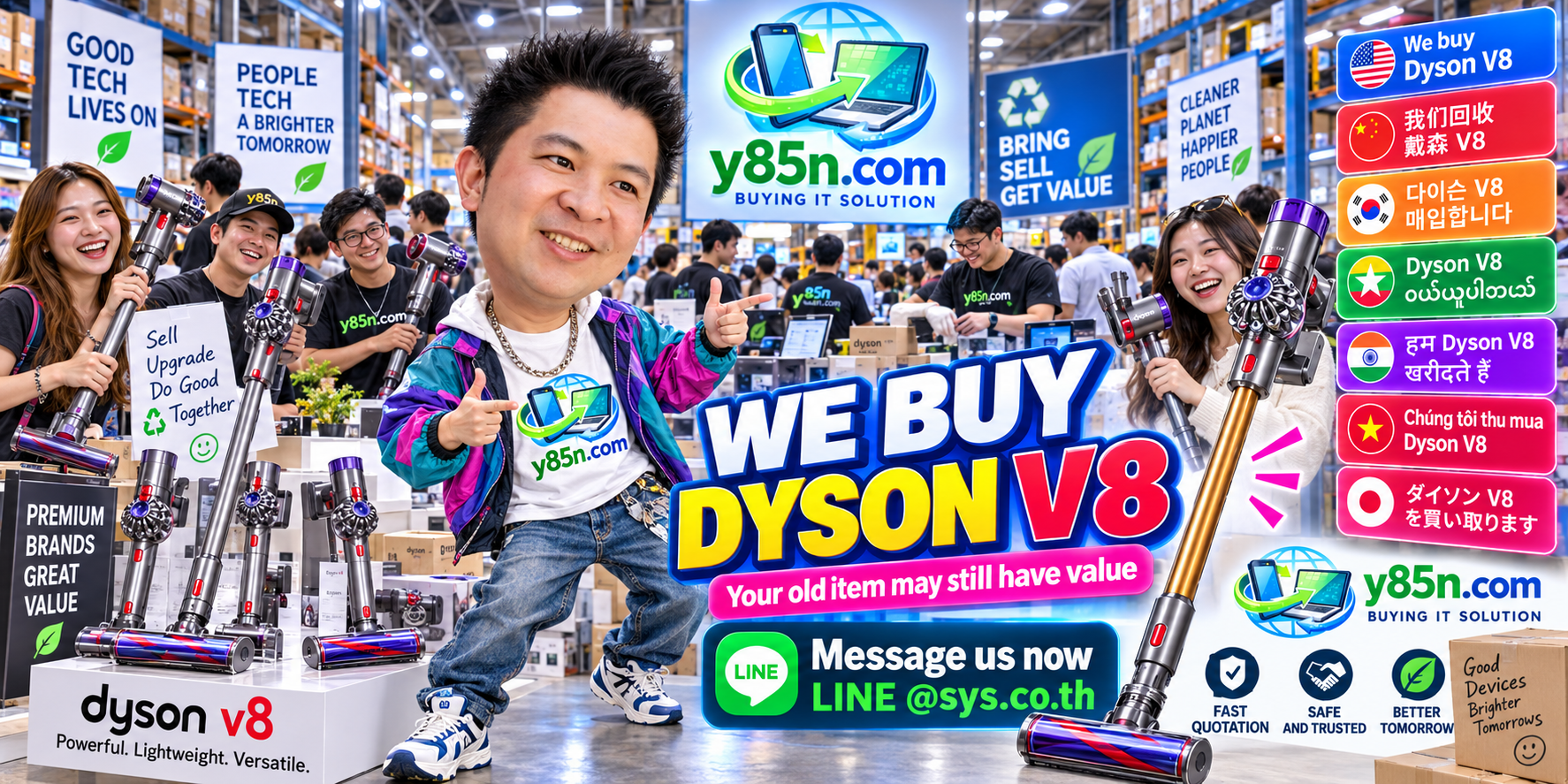 Busy Y85N.com warehouse showing a Dyson V8 buying service in Thailand