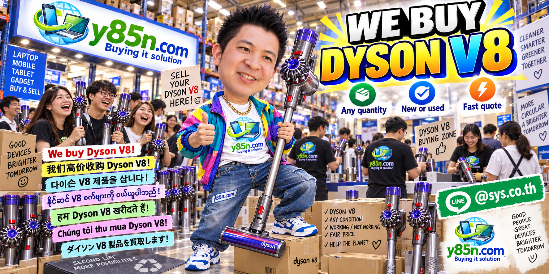 Y85N.com team and customers at a busy Dyson V8 buying warehouse